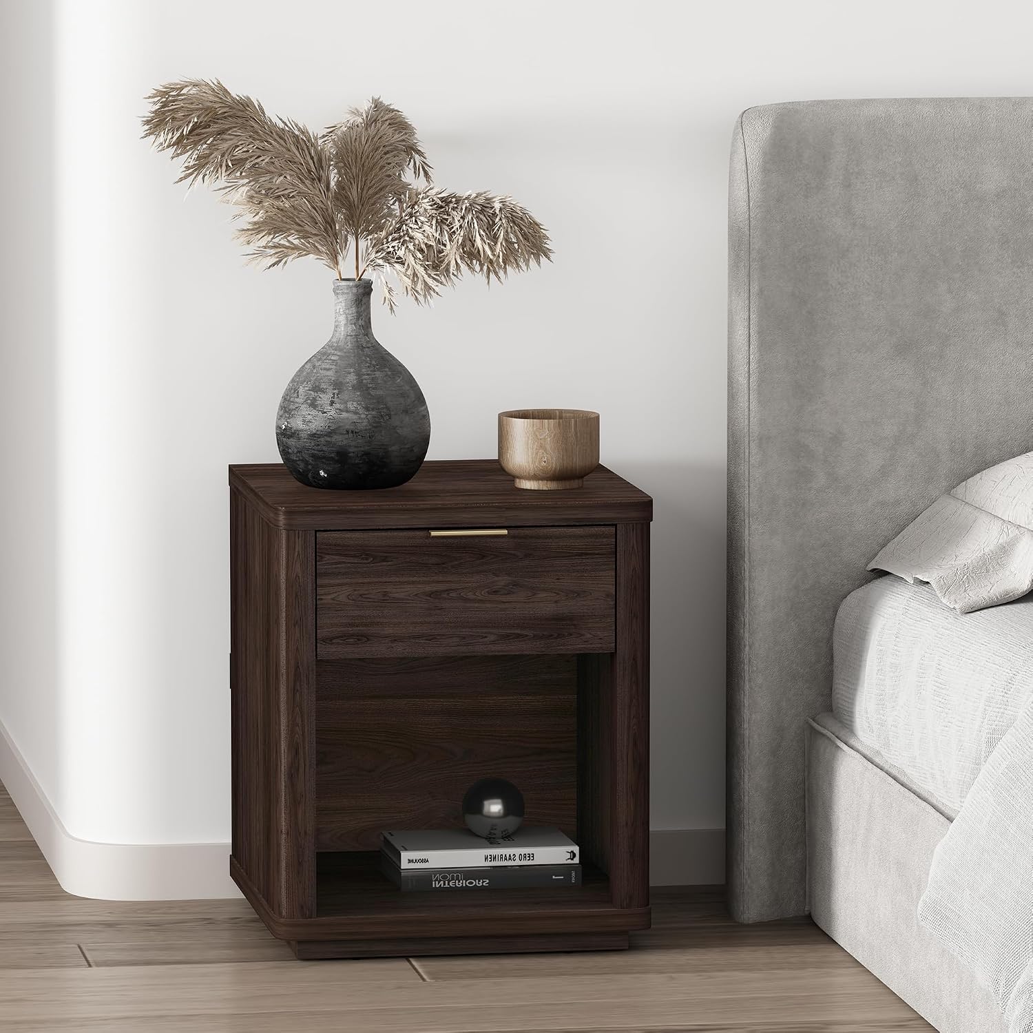Manhattan Comfort Evelyn Nightstand with Drawer and Open Shelf, Modern Minimalist Side End Table with Raised Base, Easy Assembly Small Accent Table for Bedroom, Dorms & Living Room in Brown