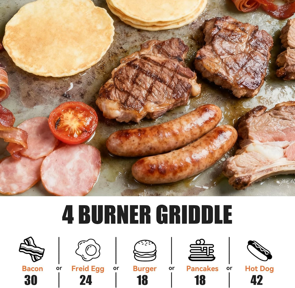4 Burner Propane Grill with Rainproof Cover 32inch Outdoor Flat Top Griddle Foldable Side Table for Backyards Barbecue