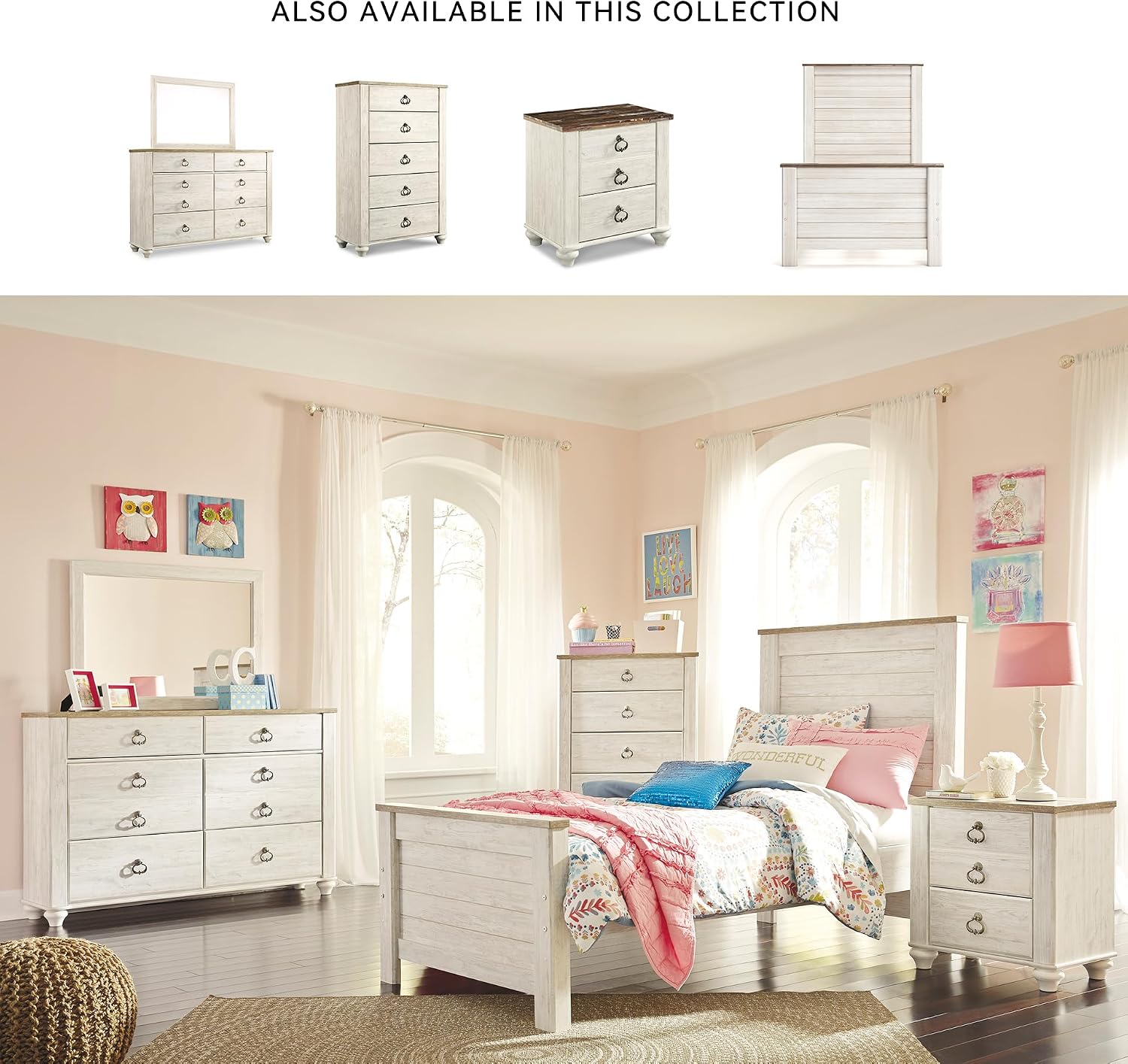 Signature Design by Ashley Willowton Casual Twin Panel Bed with Metal Slats, Foundation or Box Spring Needed, Whitewash