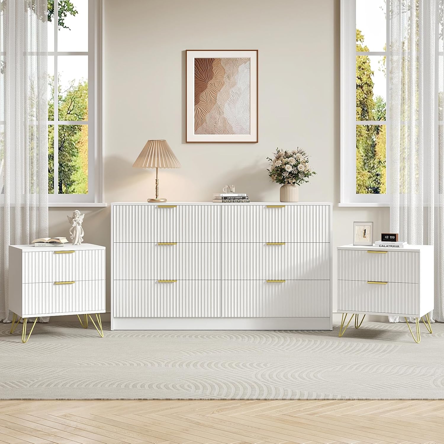 6 Drawer Dresser and Nightstand Sets for Bedroom, 3 Pcs Bedroom Set, Night Stand Set of 2 & 6 Drawer Dresser with Gold Handles, Modern Wood Chest of Drawers Storage Cabinet Set, White