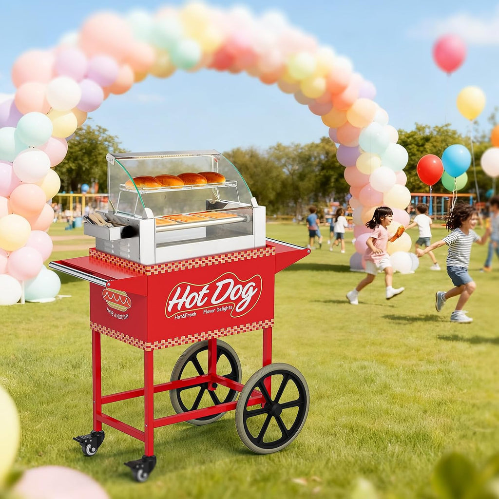 ROVSUN Hot Dog Cart - Mobile Stand for 5-7 Rollers Hot Dog Machine with Shelfs, Handles & Wheels, Concession Stands, Fairs, Events Use