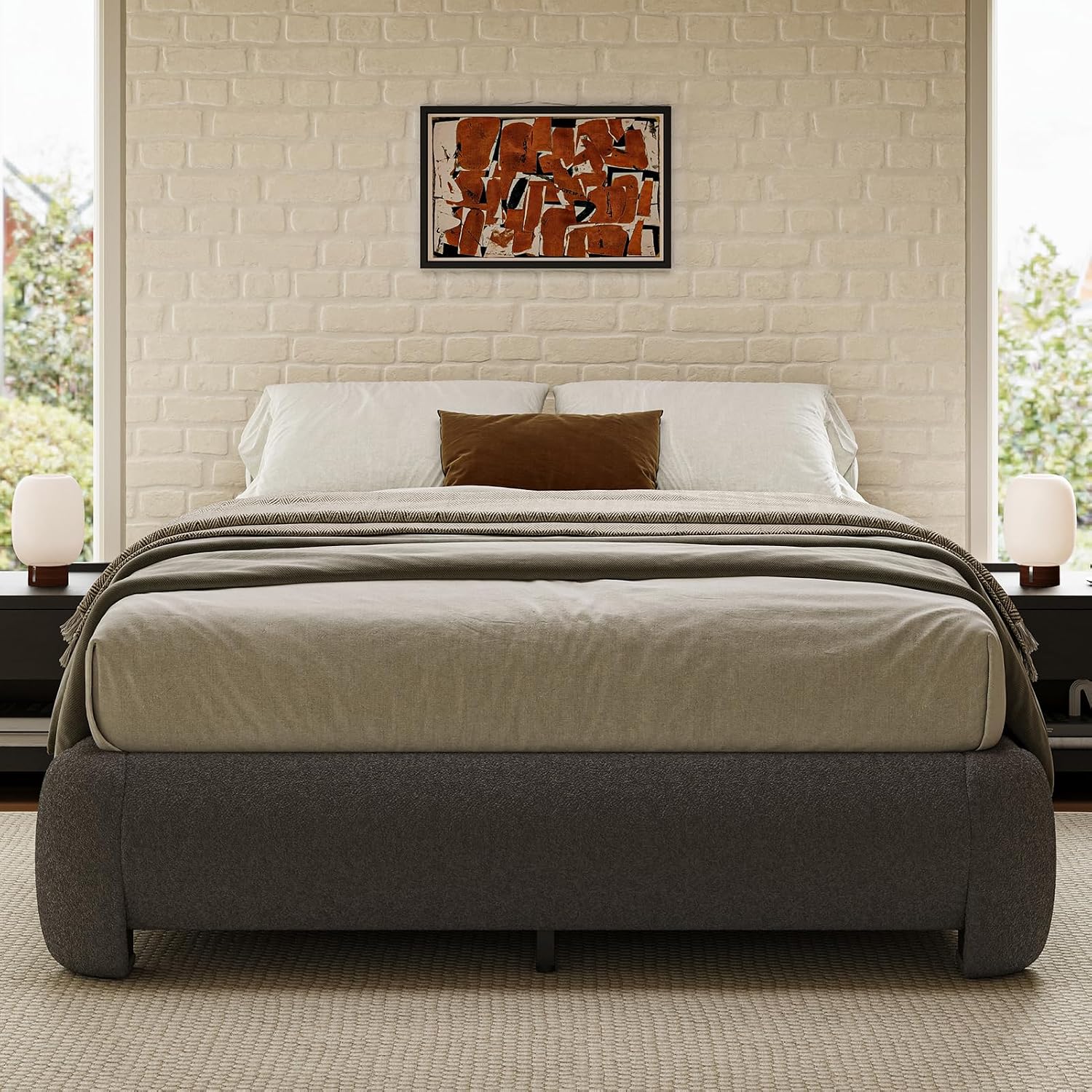 Cloud Full Size Platform Bed Frame, Soft Boucle Bed Frame with Round Corner, Upholstered Bedframe Full with Heavy Duty Wood Slat, No Box Spring Needed, Easy Assembly, Grey