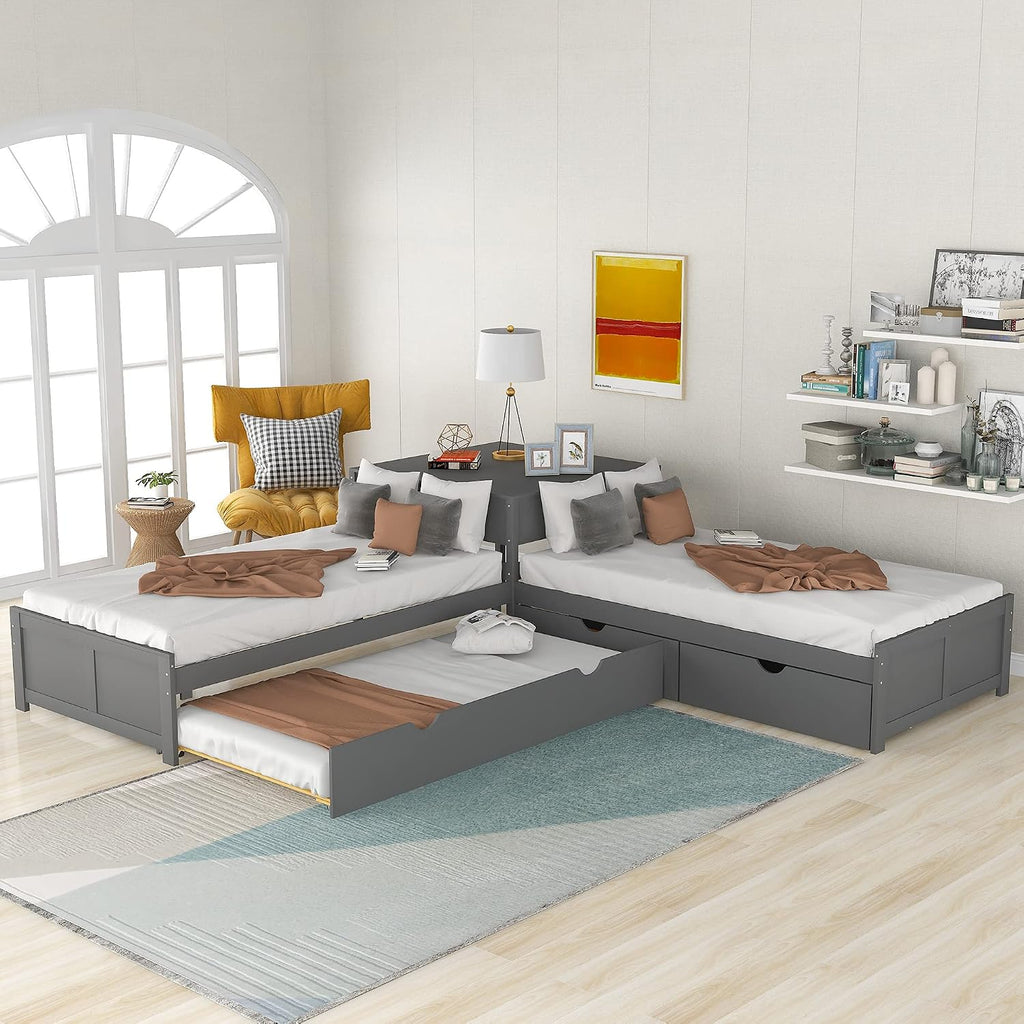 Merax Storage Daybed with Trundle, Twin Size L-Shaped Platform Bed with Convertible Trundle, Two Drawers and Built-in Desk for Living Room, Bedroom, Guest Room, No Box Spring Needed (Grey)