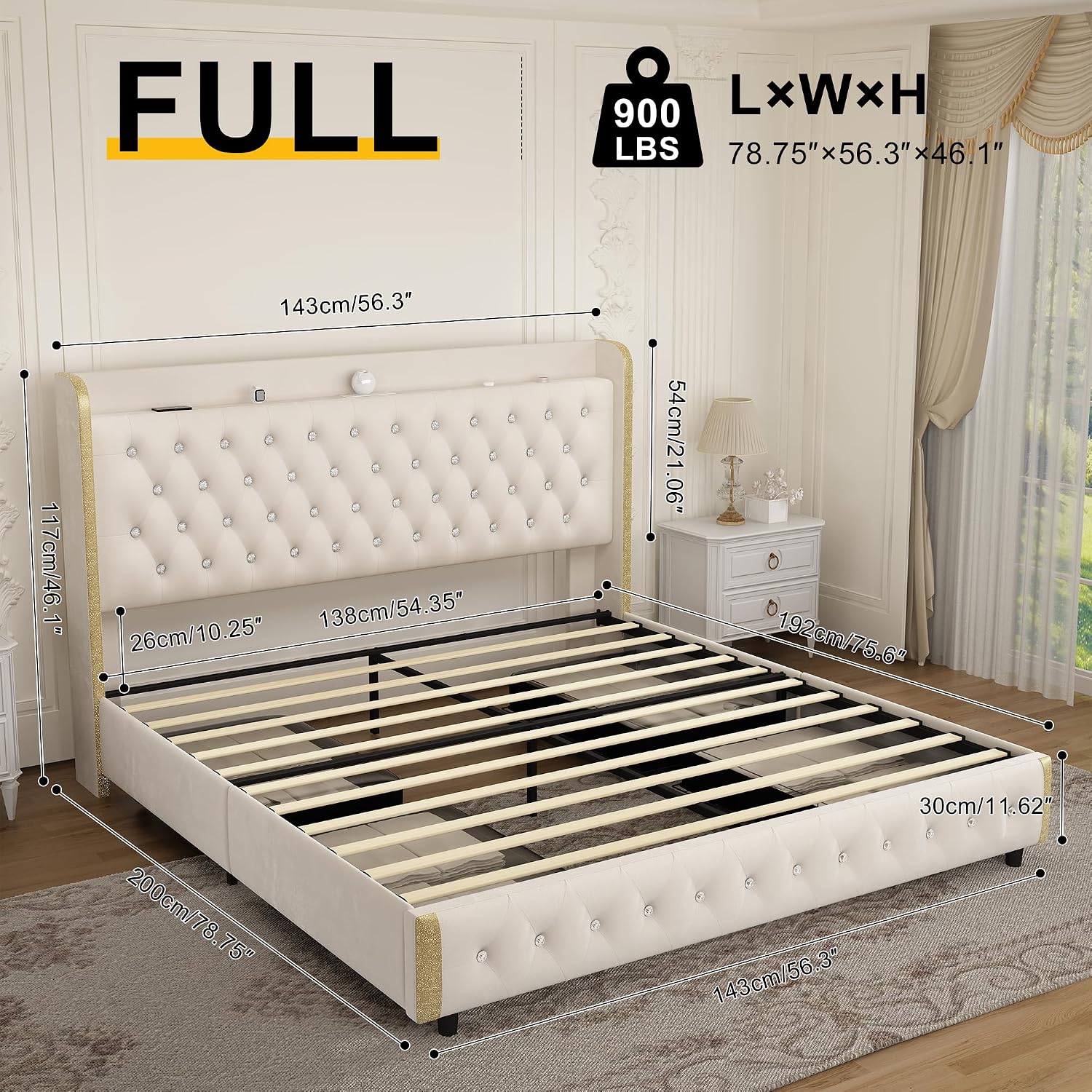 GEGOFORU Full Wingback Modern Platform Bed with Galaxy Projector, 4 Dust-Proof Storage Drawers, LED Bed Frame, USB Ports, No Box Spring Needed & Noise-Reduction Sturdy Wood Slats, Velvet Cream