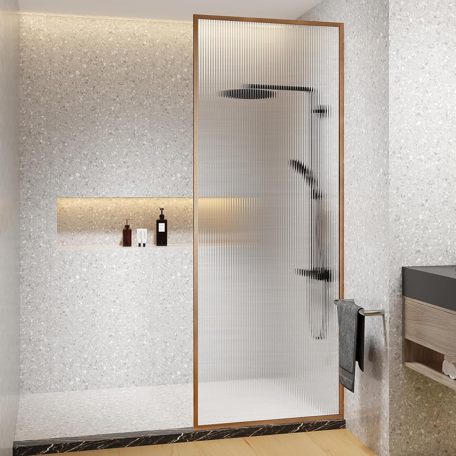 Dimaris Shower Door 34' X 78' Tempered Fluted Glass Framed Shower Screen Door Shower Glass Panel for Walk-in Bathroom Shower, Nano Coating, Rose Gold Finish