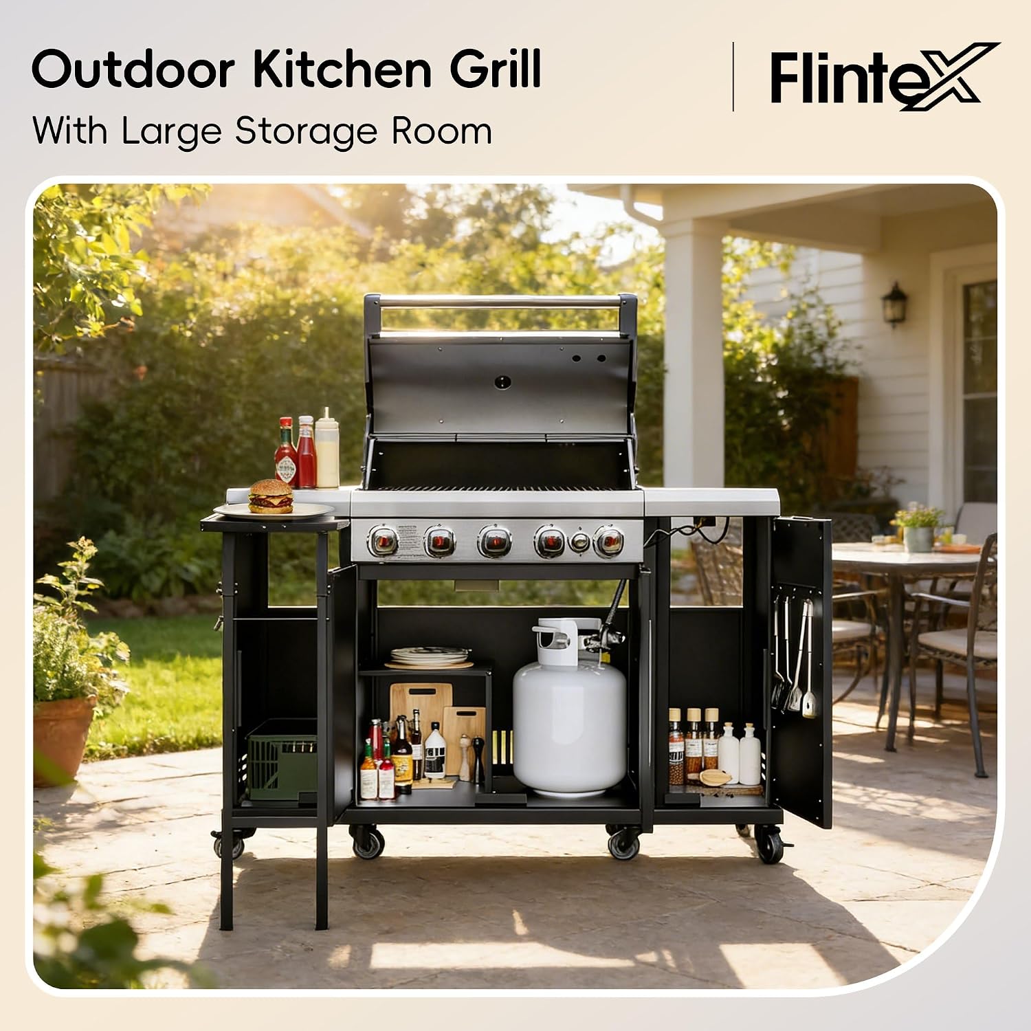 Flintex 5-Burner Propane Gas Kitchen Grill Island with Side Burner,52,000 BTU Stainless Steel BBQ Outdoor Griddle Grill Combo with LPG/NG Convertible and Storage Cabinets & Fold-out Table, Black