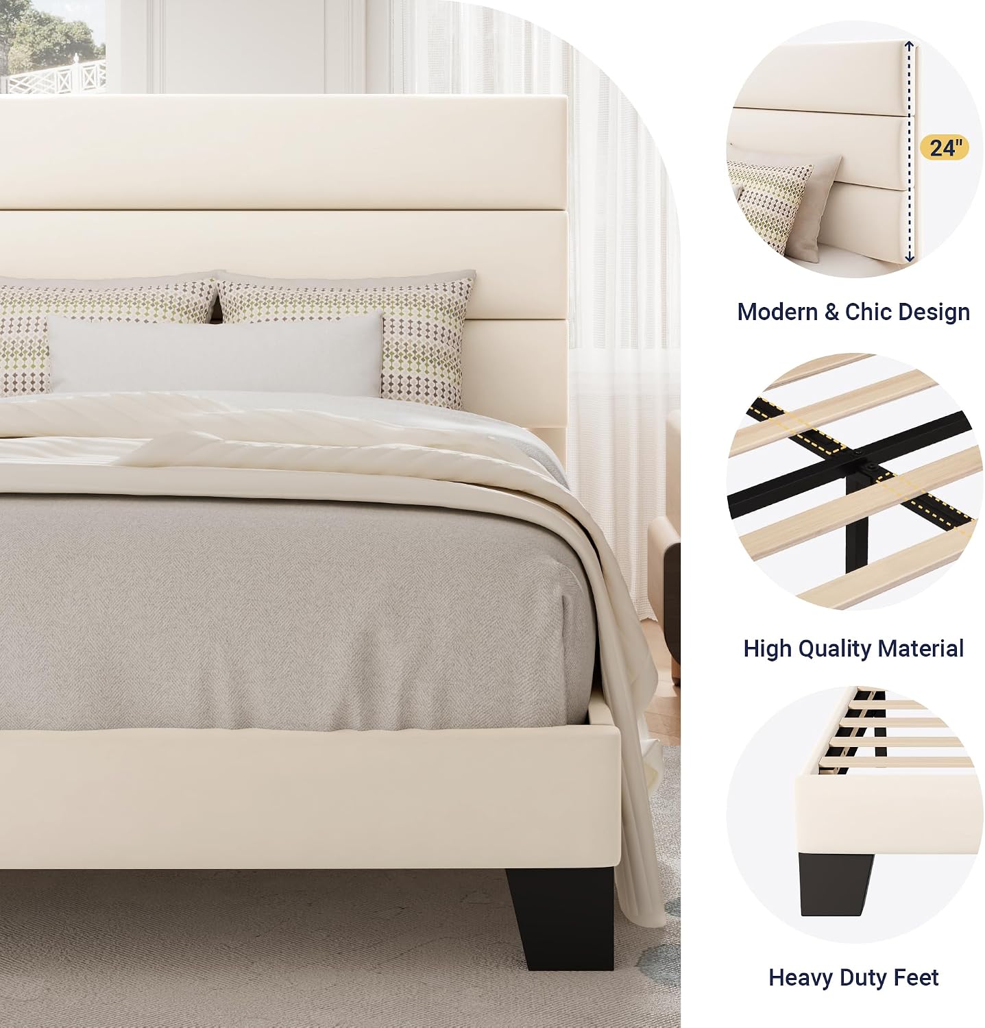 Allewie Twin Size Platform Bed Frame with Fabric Upholstered Headboard and Wooden Slats Support, Fully Upholstered Mattress Foundation/No Box Spring Needed/Easy Assembly, Cream