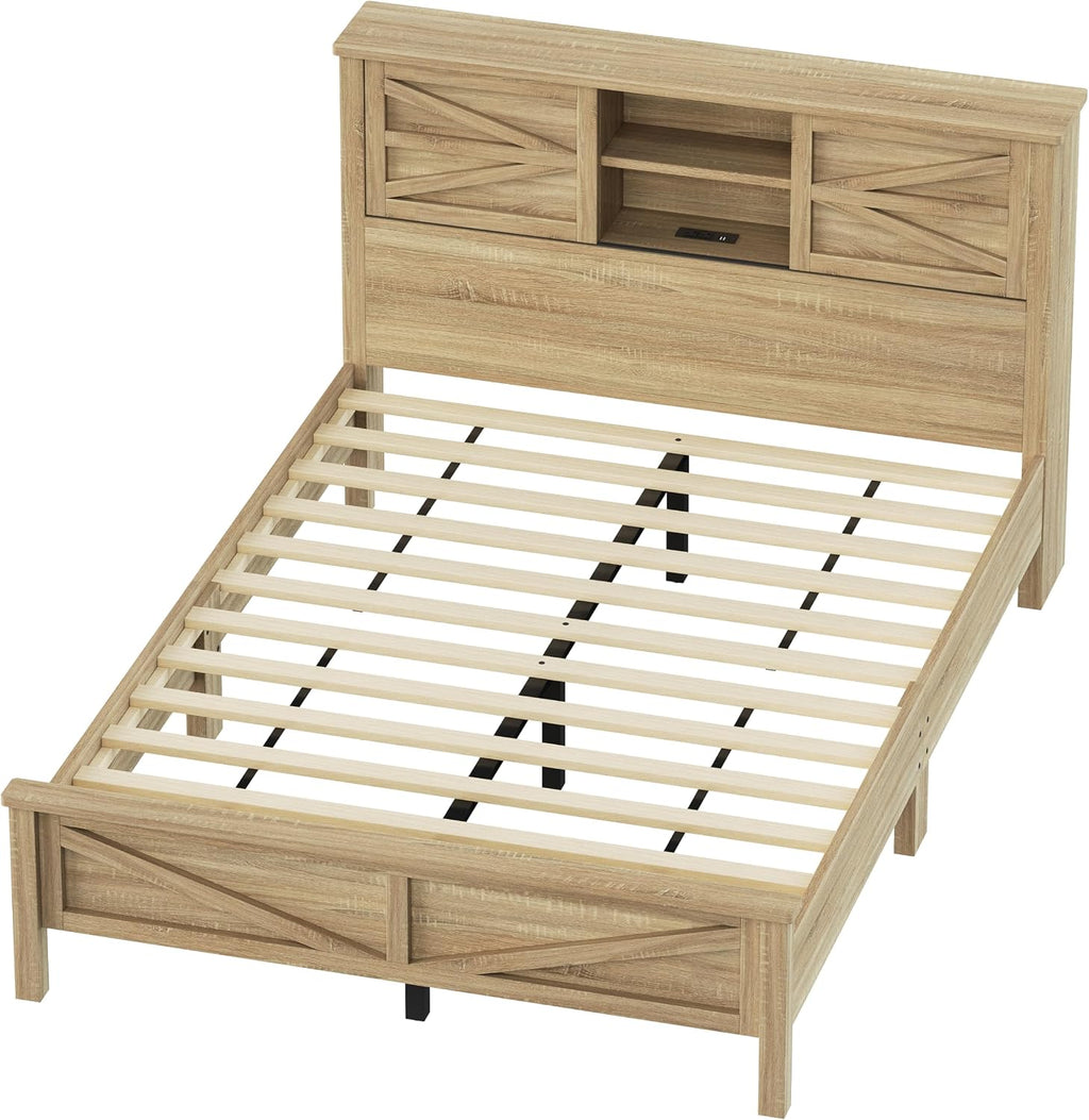 3-Pieces Queen Size Bedroom Sets, Farmhouse Platform Bed with Double Sliding Door USB Storage Headboard, 3PCS Bedroom Sets with Cabinet and Nightstands, Kids Adults, Natural