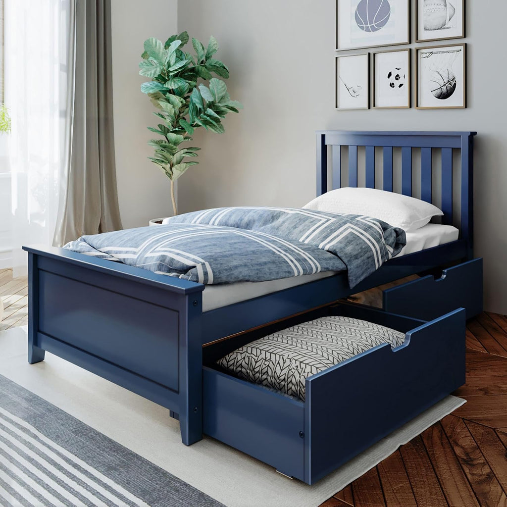 Max & Lily Classic Twin Bed, Slatted Headboard, with Storage Drawers, Blue