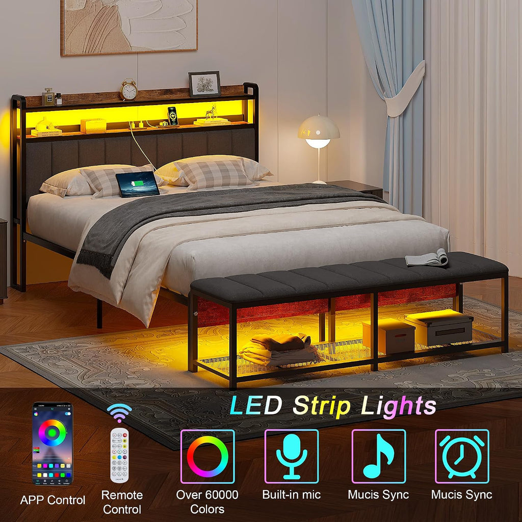 VECELO Queen Size Bed Frame with LED Lights and Bench, Upholstered Headboard Bed Frame with Storage & USB Charging Station, Sturdy Metal Frame, No Box Spring Needed, Grey