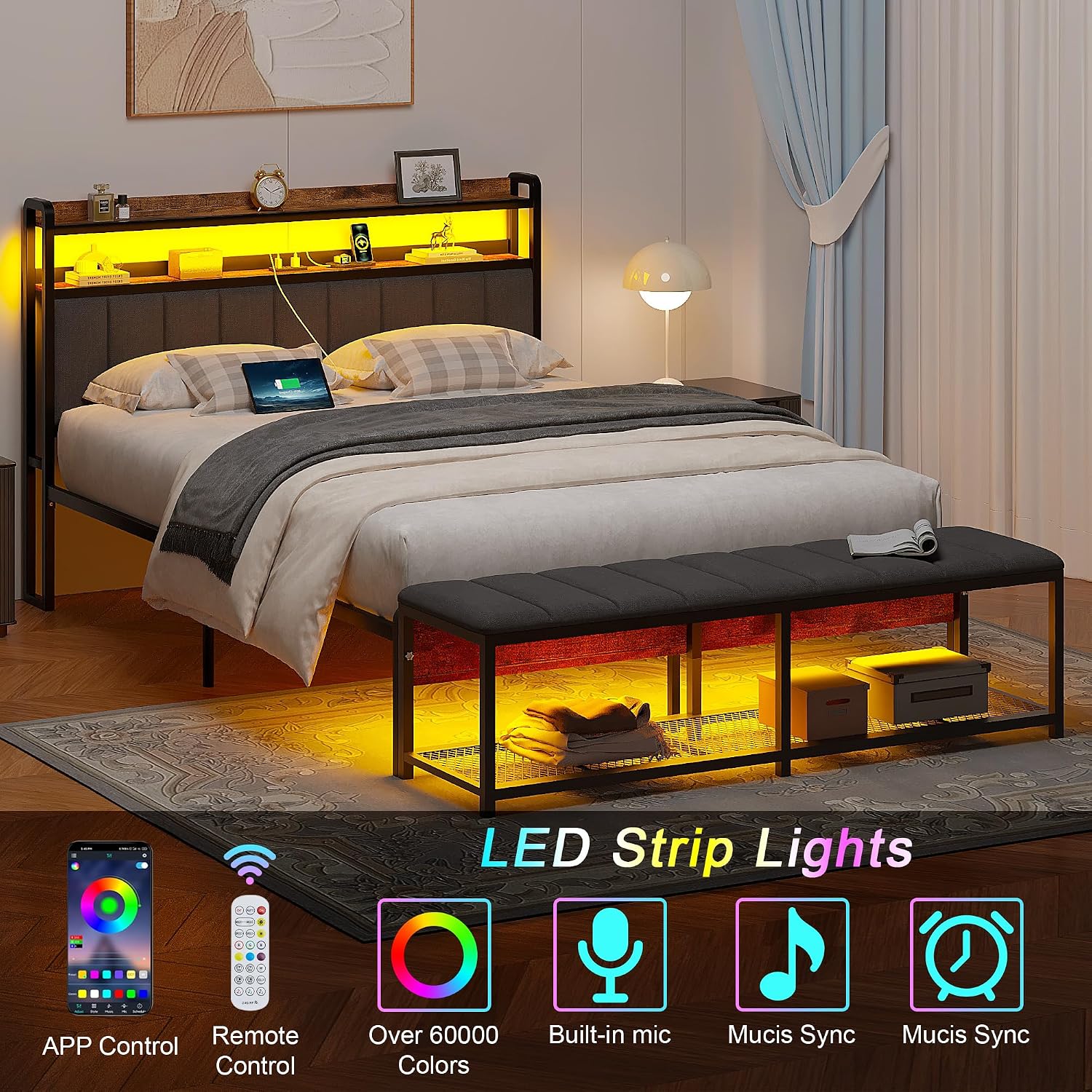 VECELO Queen Size Bed Frame with LED Lights and Bench, Upholstered Headboard Bed Frame with Storage & USB Charging Station, Sturdy Metal Frame, No Box Spring Needed, Grey