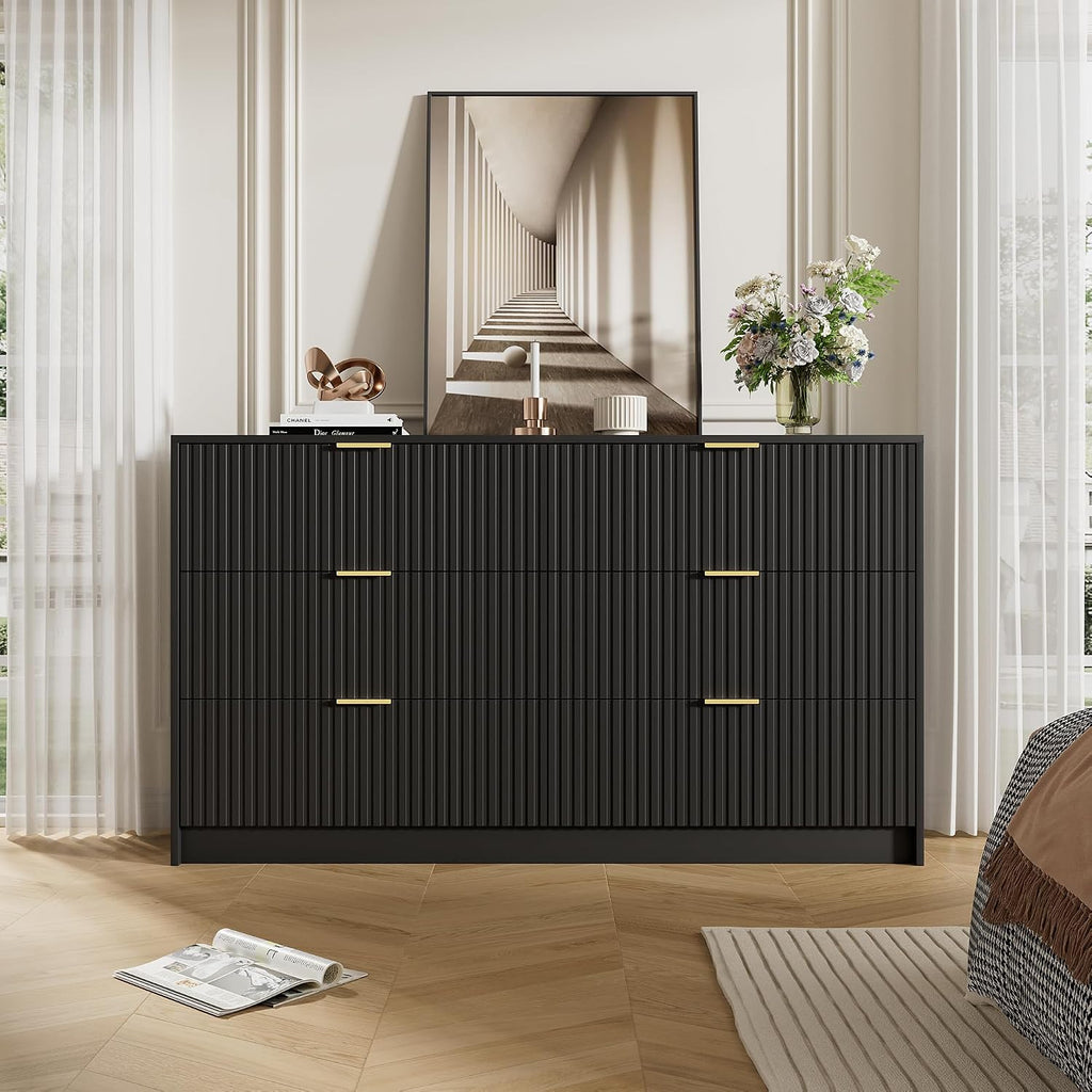 Furniway Black Dresser for Bedroom, Modern Dresser with 6 Drawers and Smooth Slides, Wide Chest of Drawers with Golden Handles for Bedroom, Living Room, Closet, 15.7' D x 55.1' W x 31.4' H