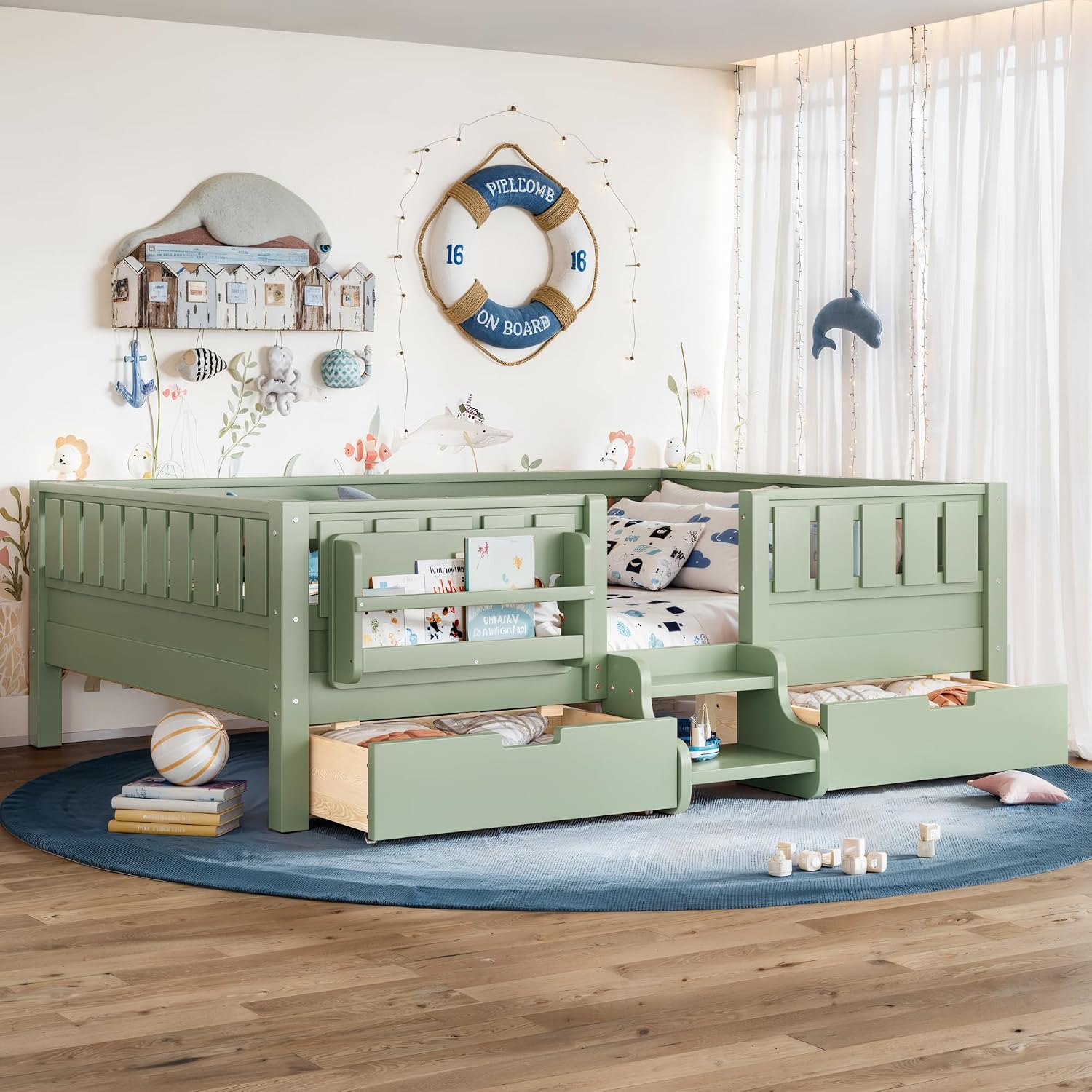 Bellemave Full Size Montessori Bed with Stairs, Rails and Slats, Full Size Montessori Floor Bed with Bookshelf and 2 Storage Drawers, Easy Assemble Beds Frame for Girls, Boys, Avocado Green