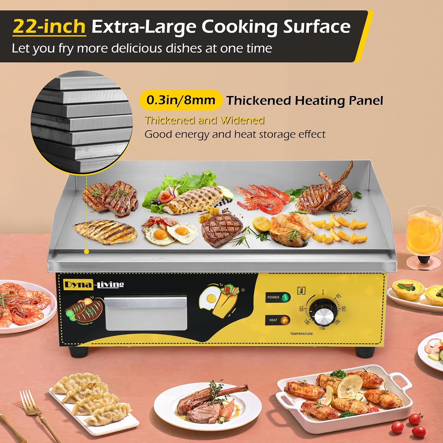 Dyna-Living Single Head Commercial Waffle Maker 1200W & 22'' Stainless Steel Countertop Griddle 3000W 110V Flat top Grill Electric for Home Kitchen