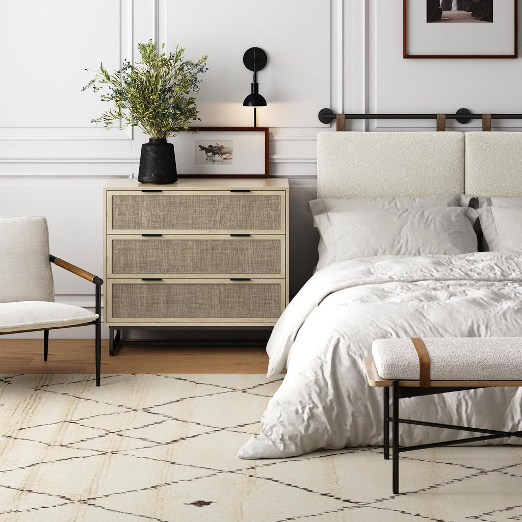 Nathan James Kova 3-Drawer Rattan Dresser or Boheminan Living Room Storage Cabinet with Textiline Rattan Accent and Metal Legs, Light Oak/Black