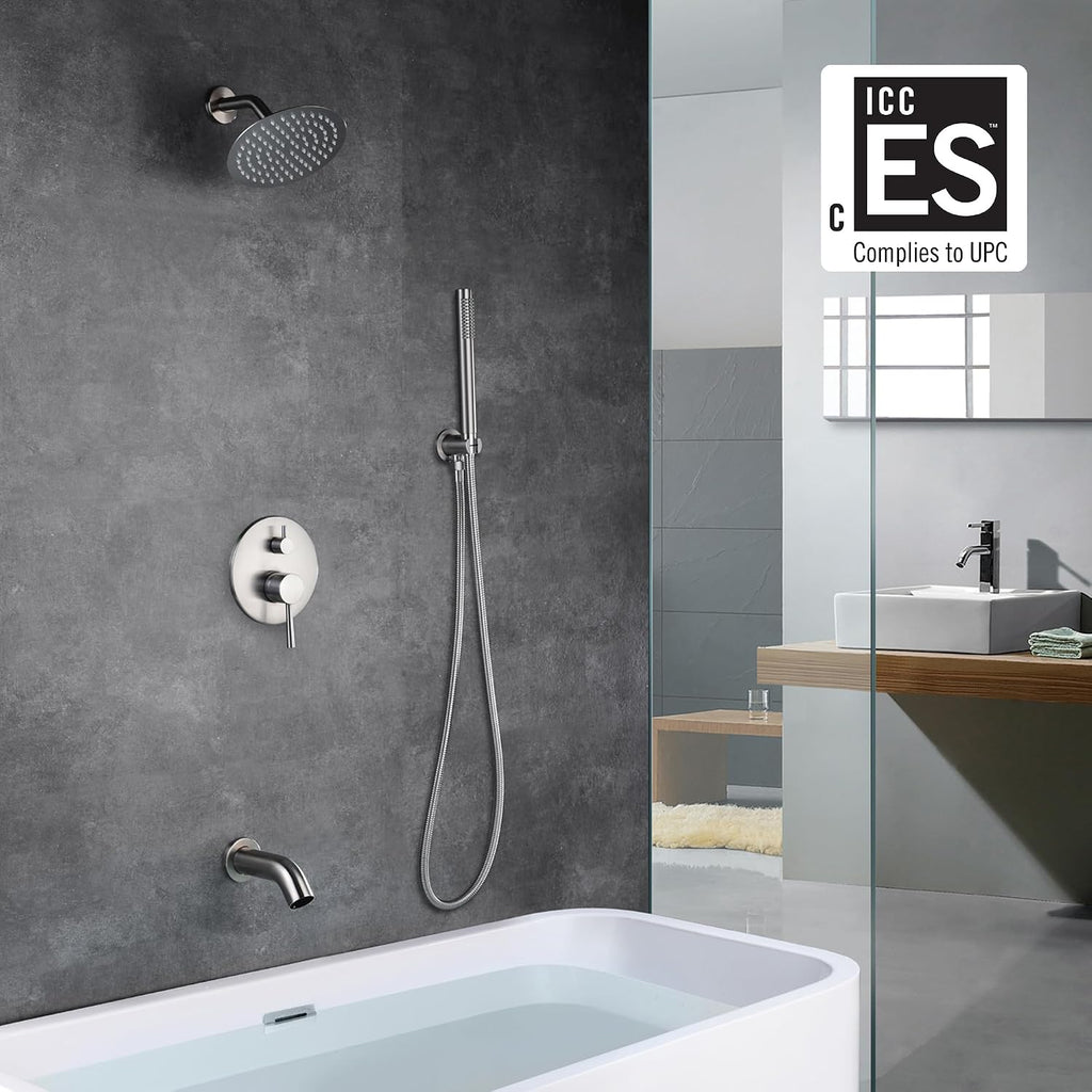 Brushed Nickel Shower System with Waterfall Tub Spout, 8 Inches Rain Shower and Handheld