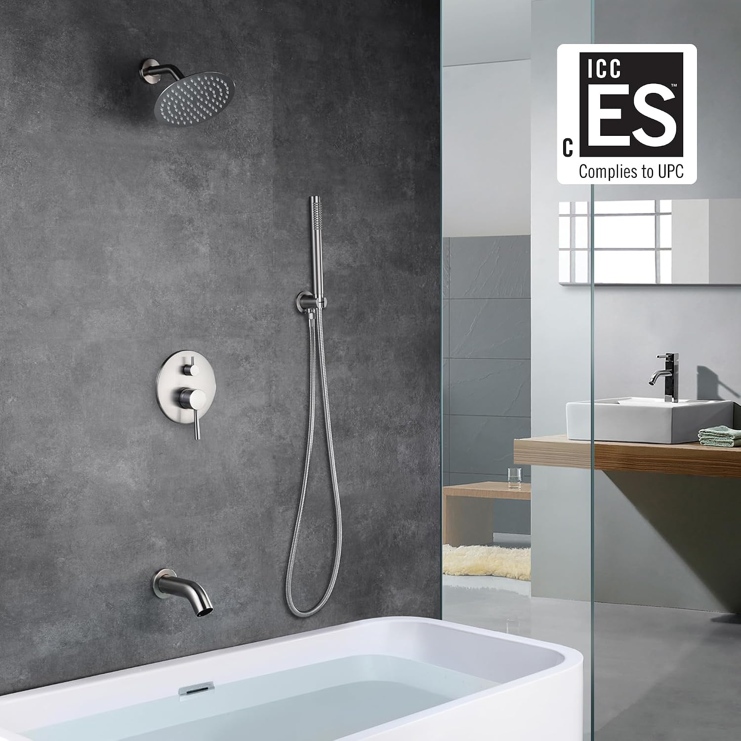 Brushed Nickel Shower System with Waterfall Tub Spout, 8 Inches Rain Shower and Handheld