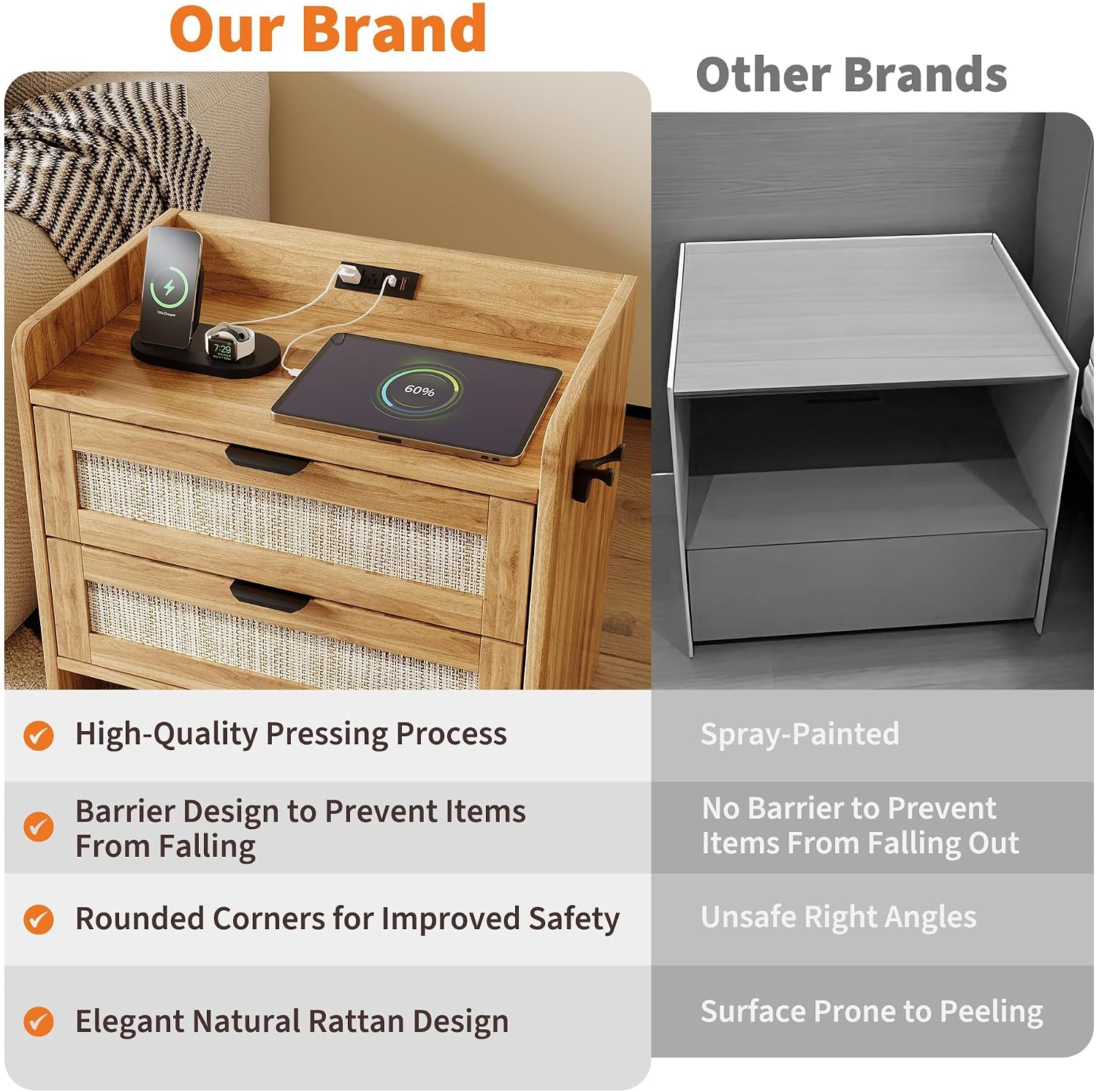 Rattan Nightstand Set of 2, Bedside Table, Modern Night Stand with Type-C Charging Station, 2 Drawer Storage Space, with Hook Included, Suitable for Bedroom, Office as a End Table, Side Tables