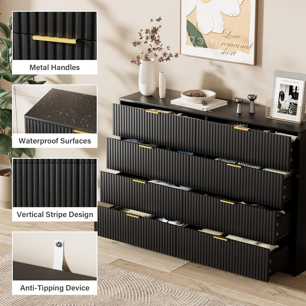 Furniway Black Dresser for Bedroom, 8 Drawer Wide Dresser with Smooth Slides, Modern Chest of Drawers with Gold Handles, Wood Storage Organizer for Closet