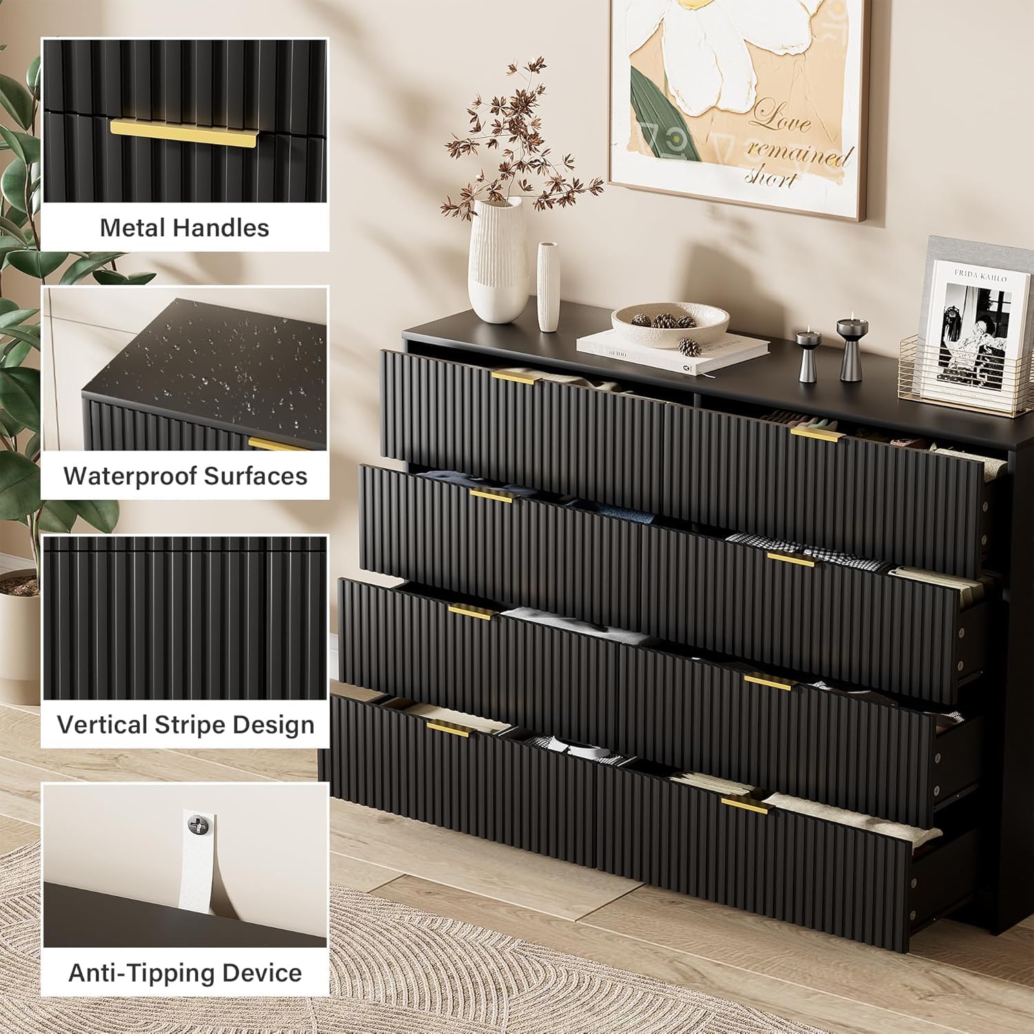 Furniway Black Dresser for Bedroom, 8 Drawer Wide Dresser with Smooth Slides, Modern Chest of Drawers with Gold Handles, Wood Storage Organizer for Closet