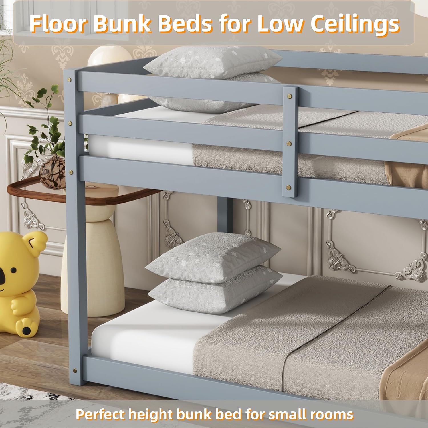 Low Bunk Bed Twin Over Twin, Solid Wood Floor Bunk Bed Frame with Ladder & Safety Guardrails, Twin Bunk Beds for Kids Boys and Girls, Saving Space, No Box Spring Needed, Gray