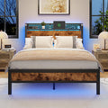 Furnulem Full Size Bed Frame with Storage Headboard, Industrial Platform Bed with Charging Station and LED Lights, Heavy Duty Metal Slats, No Box Spring Need, Noise Free
