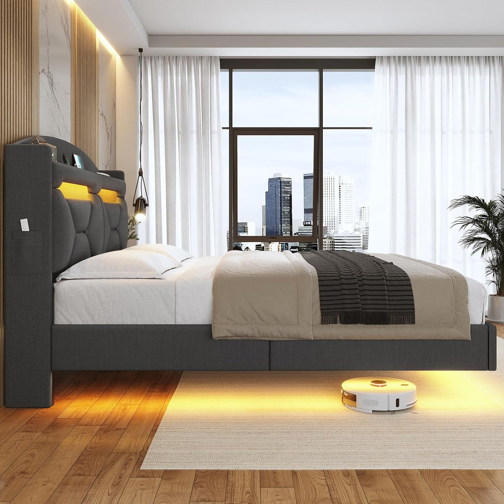 ADORNEVE Queen Floating Bed Frame with USB-C/A Charging Station, LED Bed Frame with Storage Headboard, Upholstered Platform Queen Bed with Shelves, Hidden Storage, Stable Structure,Dark Grey