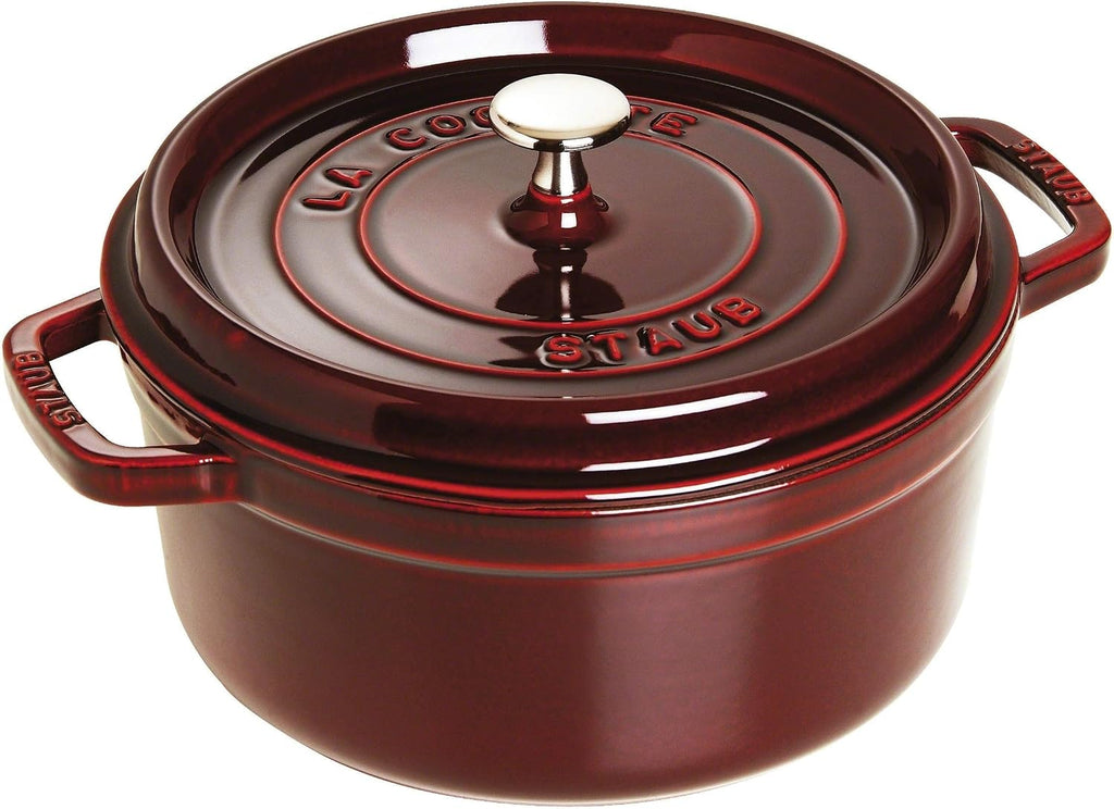 Staub 1133887 Cast Iron Roaster/Cocotte, With Steam Insert, Round 26 cm, 5.2 L, With Matte Black Enamel Inside the Pot, Grenadine
