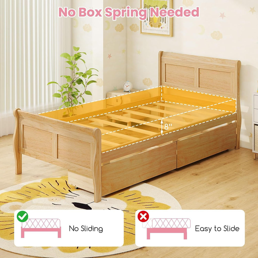 KOMFOTT Twin Bed with 2 Drawers, Twin Storage Bed with Headboard & Footboard, Sleigh Wood Bed Frame with Wooden Slats Support for Kids, Teens, Adults, No Box Spring Needed (Natural)