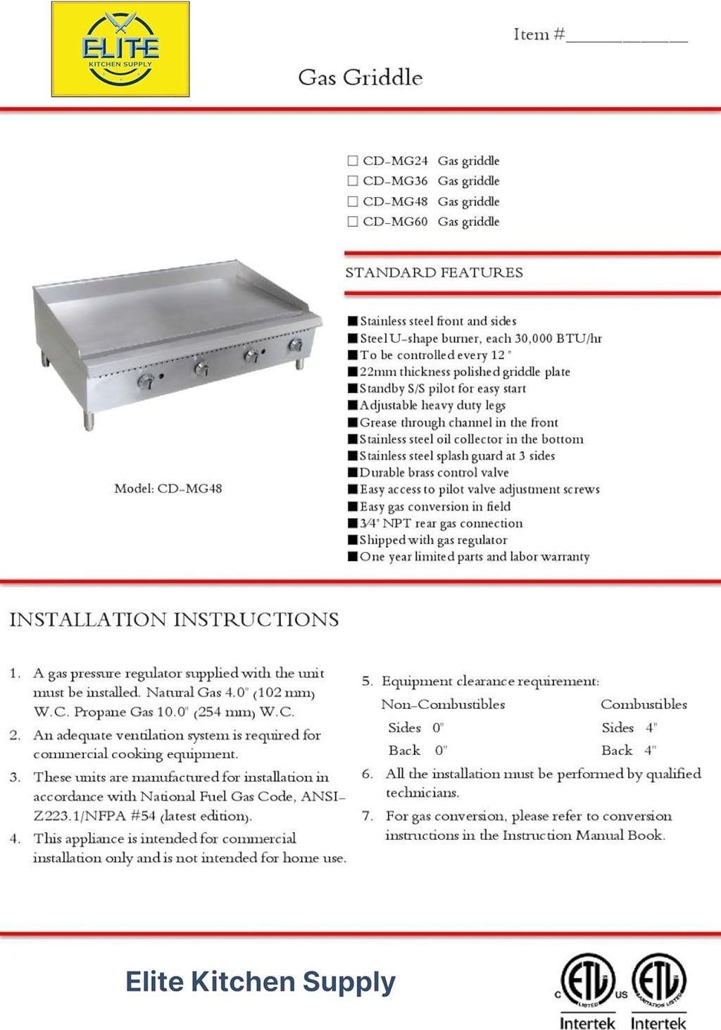 Commercial Gas Griddle, ETL Flat Top Grill Stove Propane LP Natural Gas, 24'