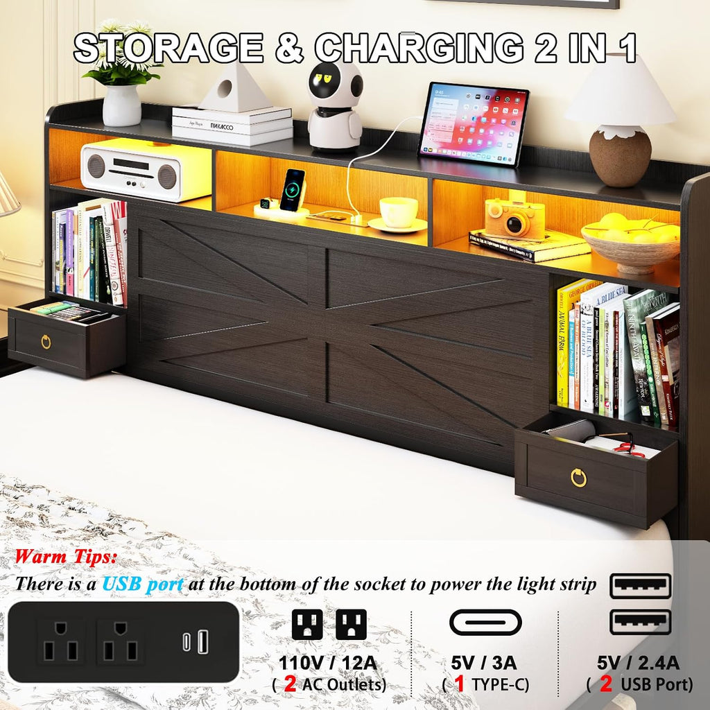 King Bed Frame with Storage Headboard, Farmhouse Platform Bed Frame with Bookshelf, Drawers, LED Lights and Charging Station, Metal Slats Support, Noise Free, No Box Spring Needed, Black