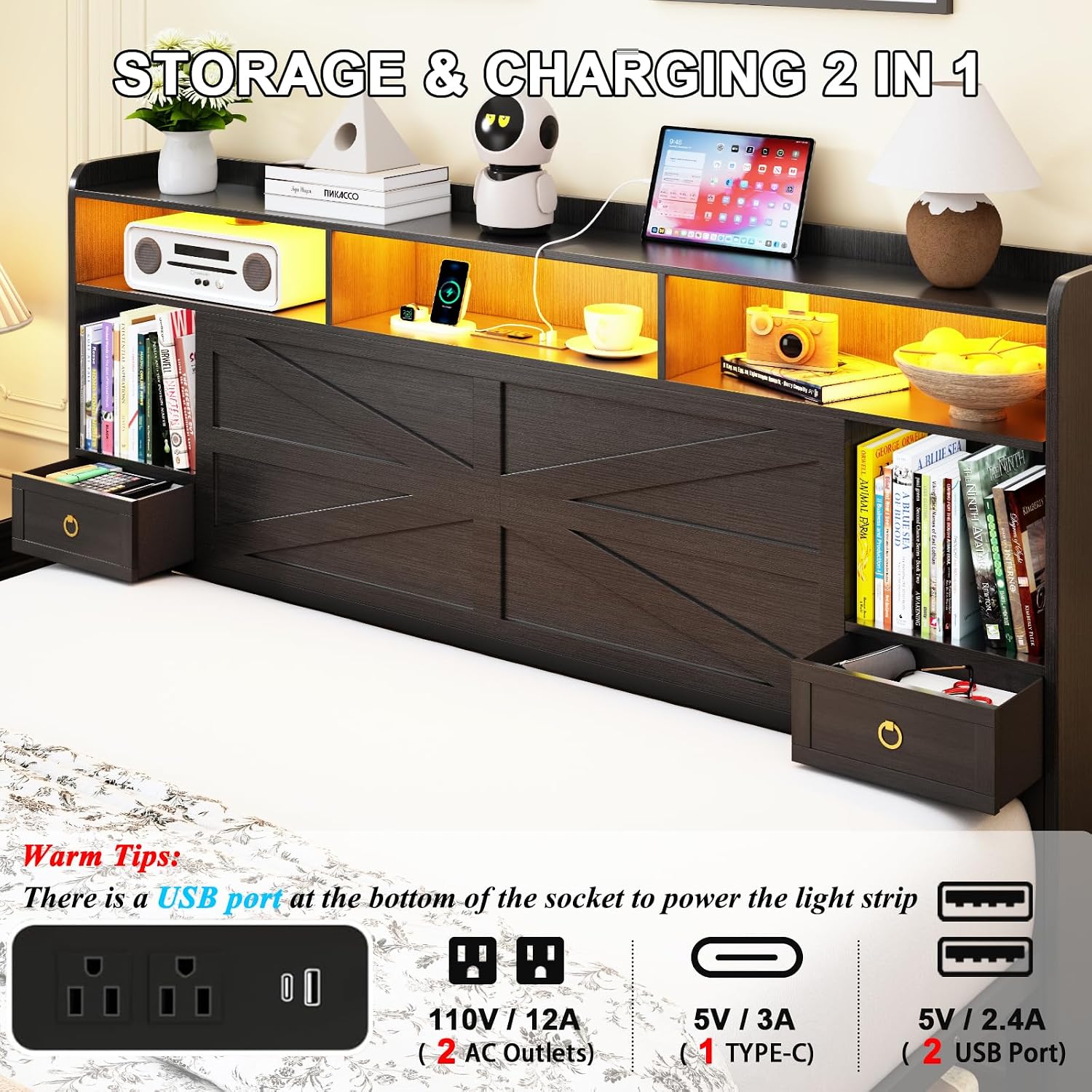 King Bed Frame with Storage Headboard, Farmhouse Platform Bed Frame with Bookshelf, Drawers, LED Lights and Charging Station, Metal Slats Support, Noise Free, No Box Spring Needed, Black