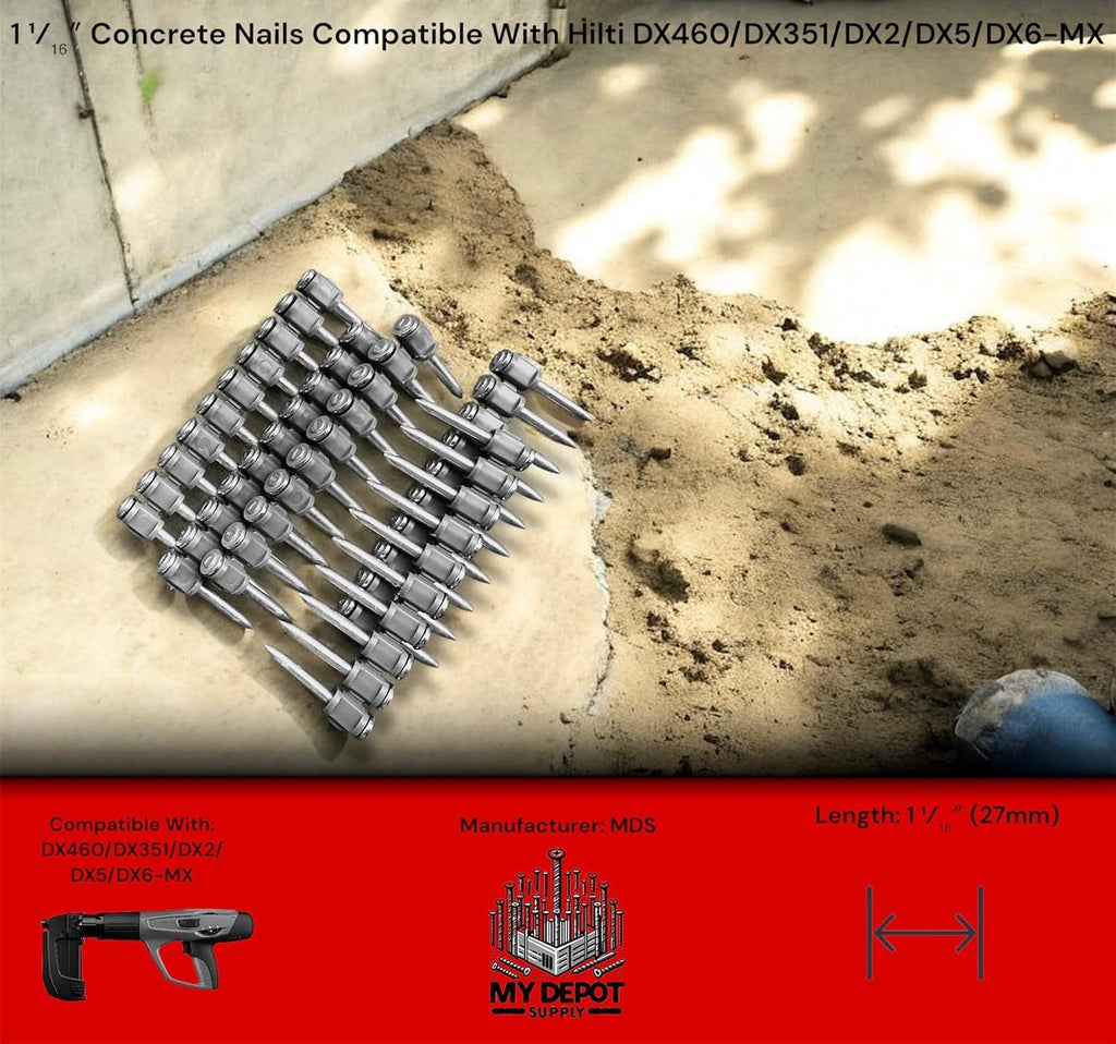 1¹⁄₁₆″ Concrete Nails Compatible With Hilti DX460/DX351/DX2/DX5/DX6-MX-500 Count Flat Head Nails with Galvanized Zinc Coating-Heavy-Duty Construction Fasteners for Commercial & Residential Projects