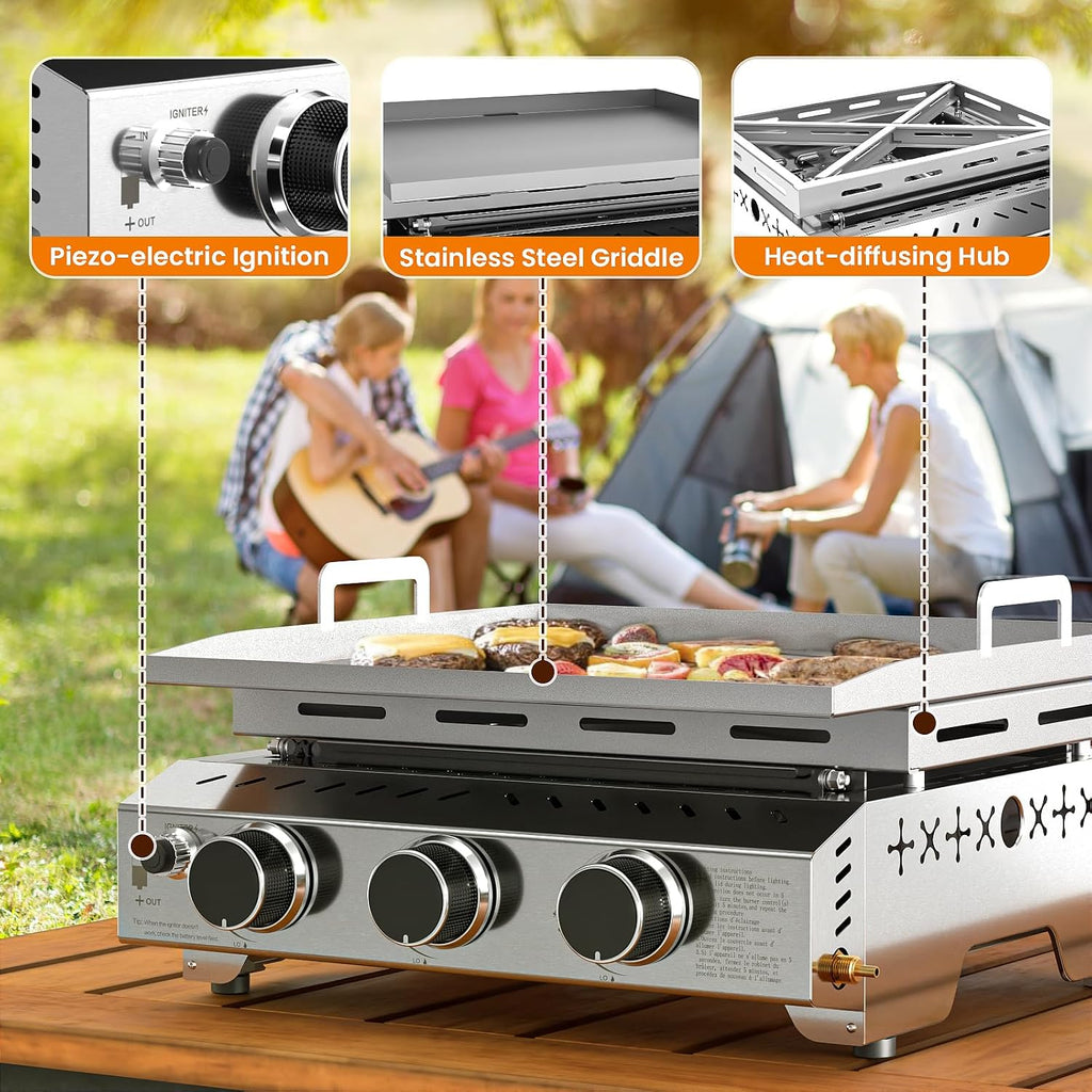 WAA 24000BTU Portable Propane Griddle, Tabletop Portable Propane Gas Grill with 3 Burners, Stainless Steel Flat Top Grill, Outdoor Cooking for Tailgating, Camping, RVs, BBQ, Patio, Silver