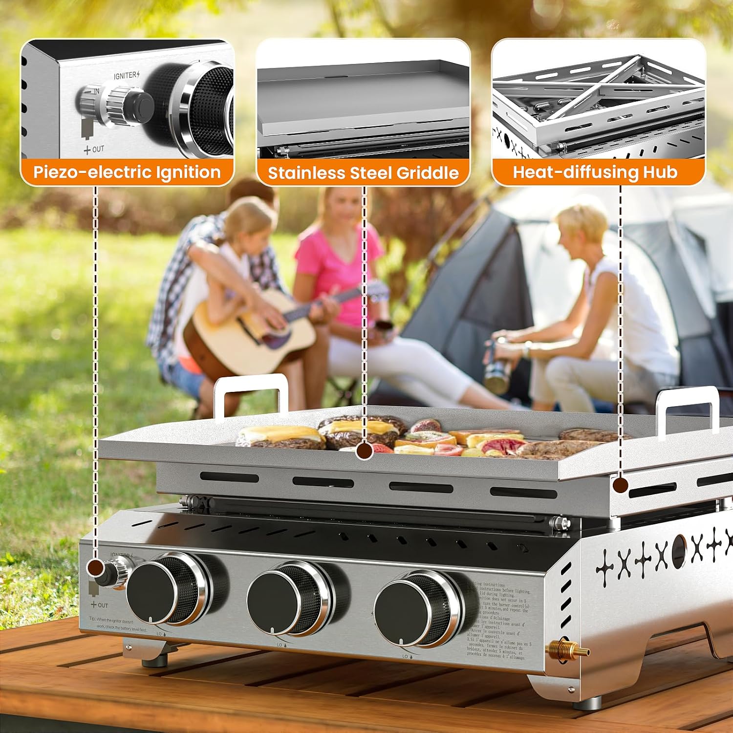 WAA 24000BTU Portable Propane Griddle, Tabletop Portable Propane Gas Grill with 3 Burners, Stainless Steel Flat Top Grill, Outdoor Cooking for Tailgating, Camping, RVs, BBQ, Patio, Silver
