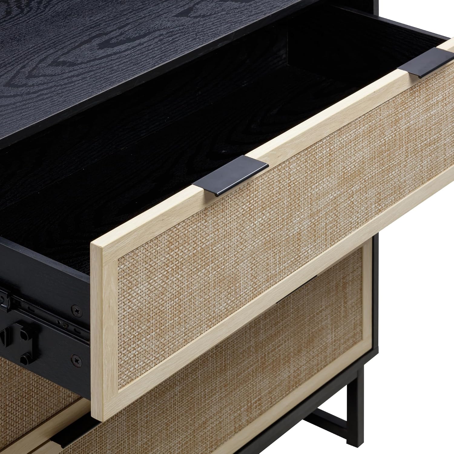 Nathan James Kova Boho Dresser or Storage Cabinet with Drawers for Bedroom or Nursery with Textilene Rattan Accent and Metal Legs, Black Oak, Set of 2