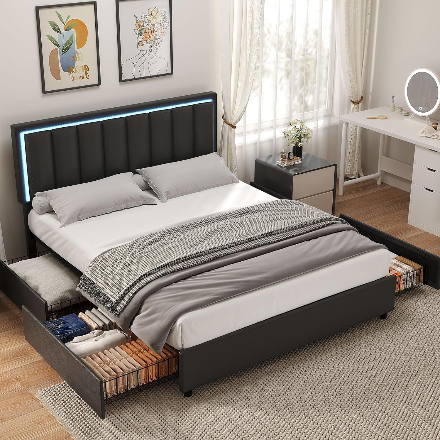 IMMERSTABLE Queen Size Bed Frame with Headboard and 4 Storage Drawers, Faux Leather Upholstered Platform Bed with LED Lights, Metal and Wood Slats, No Box Spring Needed, Easy Assembly, Black