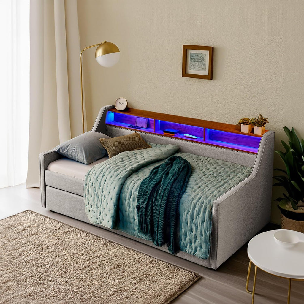 Twin Daybed w/Pop Up Trundle & Wireless Charger, Upholstered Sofa Day Bed Frame w/LED/USB/Type C/Storage Headboard, Twin to King Trundle Bed for Bedroom, Living Room, No Box Spring Needed, Beige