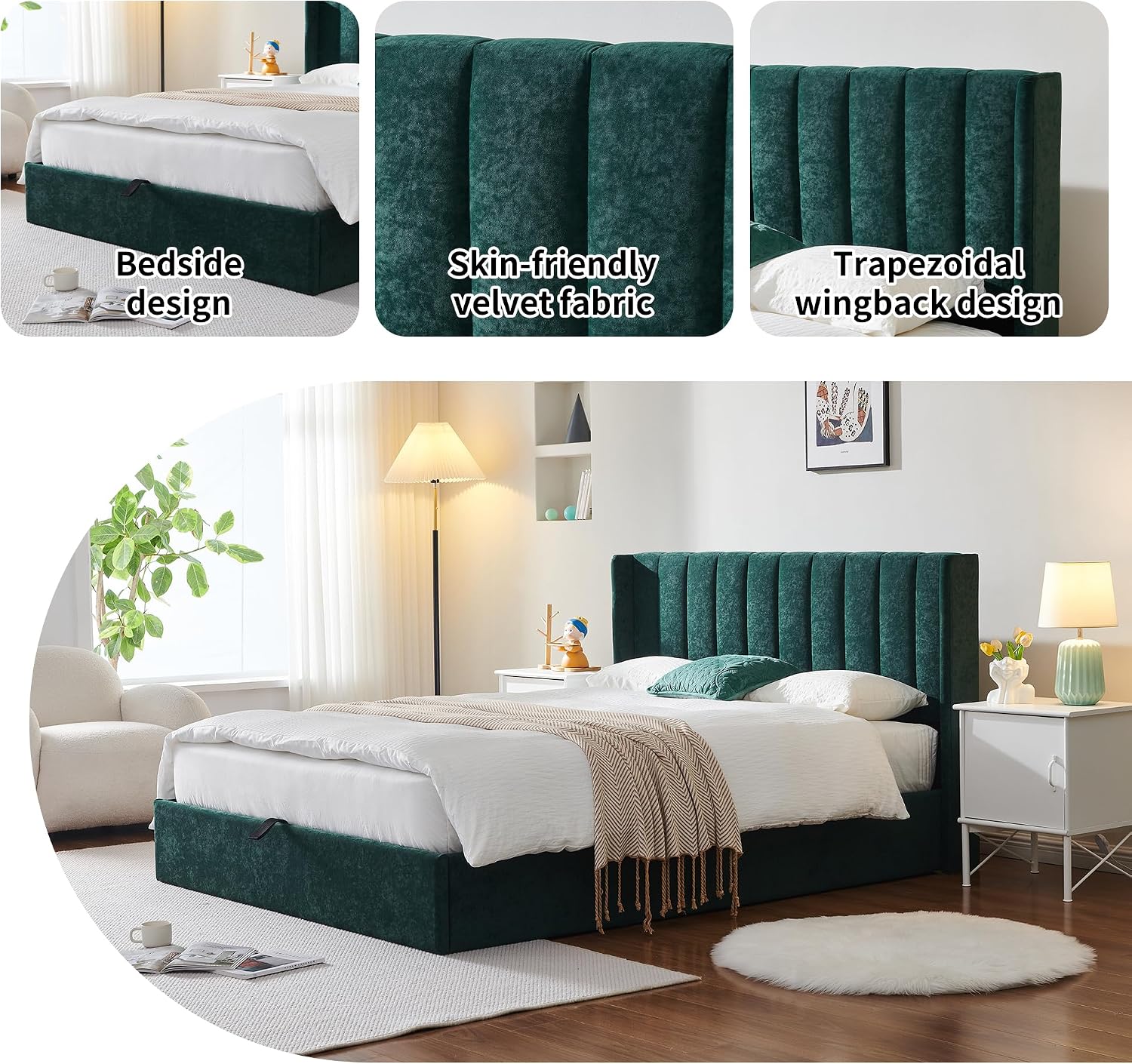 YUHUASHI Queen Size Hydraulic Storage Bed, Upholstered Platform Bed Frame, Modern Wingback Design Headboard, Velvet Fabric with Hydraulic Support Bars, No Box Spring Required (Ink Green, Full)