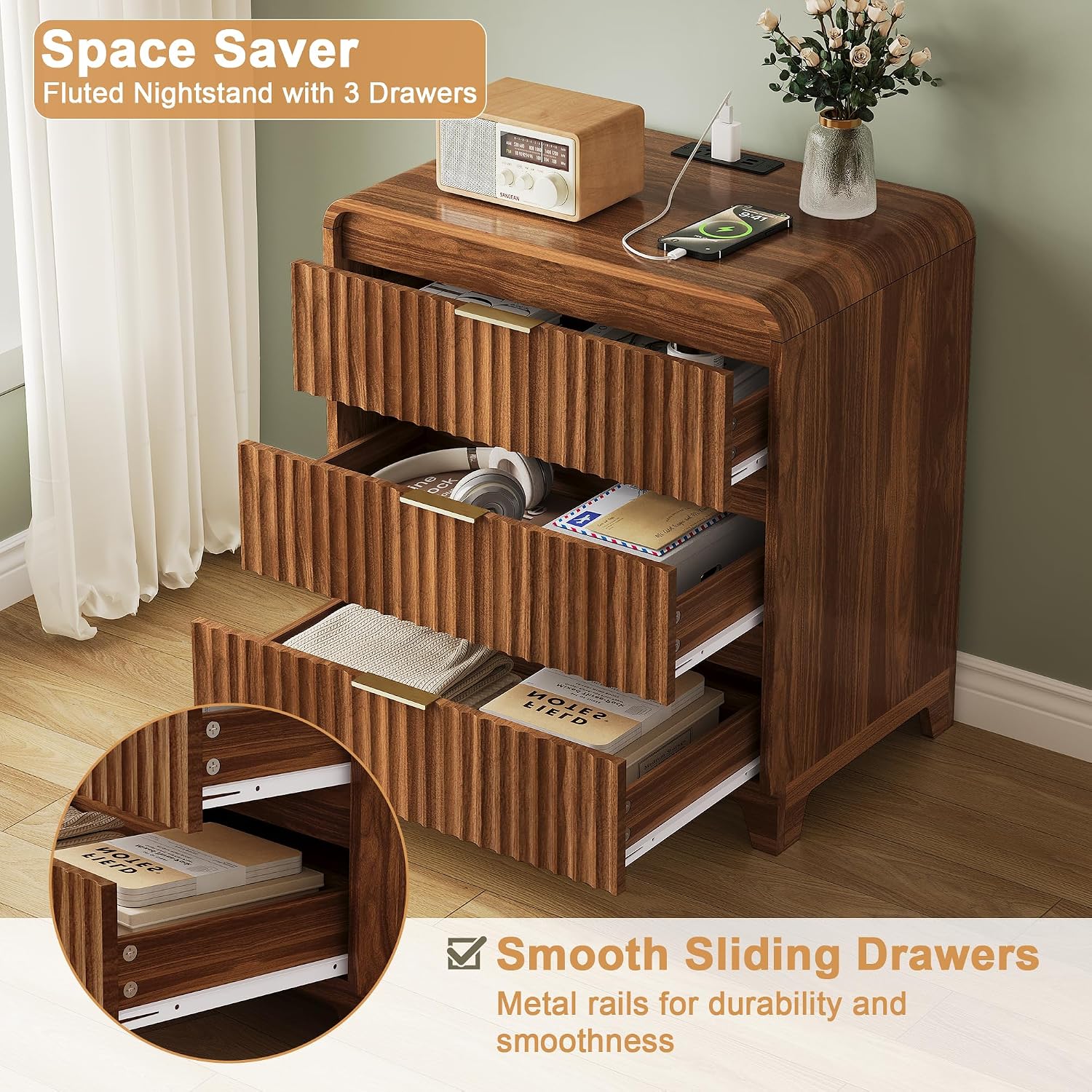 8 Drawer Dresser and 2 Nightstand Sets for Bedroom 3 Pcs Bedroom Set, Modern 39.4' Fluted Dresser with Invisible Handles Nightstand Charging Station, Bedroom Furniture Set for Living Room, Natural Oak