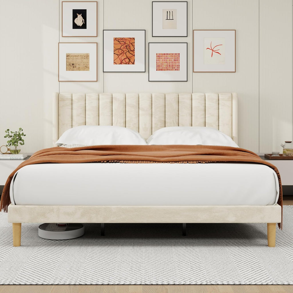 alazyhome Platform Bed Frame King Size with Upholstered Headboard, Solid Wood Slats Support, No Box Spring Needed, Noise Free, Easy Assembly, Modern Velvet Bed, Beige