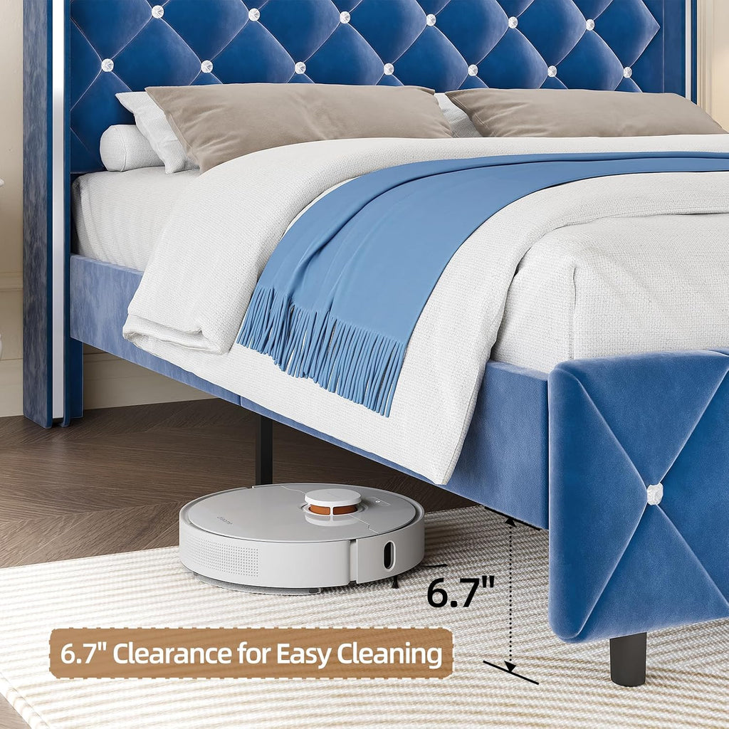 HOMBCK Full Size Bed Frame, Upholstered Bed with Diamond Headboard, Black Velvet Bed Frame with Wingback Headboard & Footboard, No Box Spring Needed, Easy Assembly, Blue