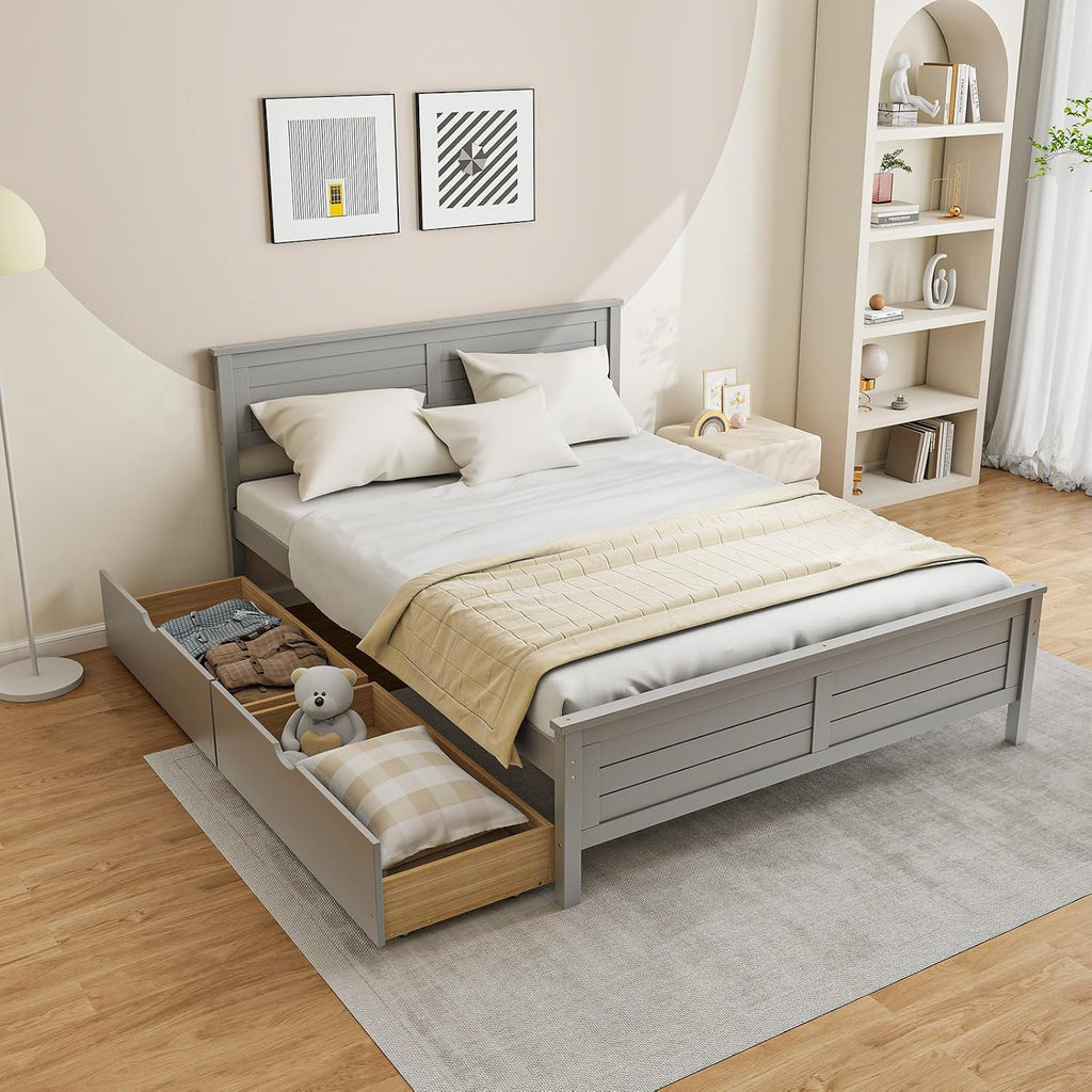 KOMFOTT Full Size Wood Bed Frame with 2 Storage Drawers, Mid Century Platform Bed Frame with Headboard, Sturdy Wooden Slats Support, Modern Mattress Foundation, No Box Spring Required, Easy Assembly