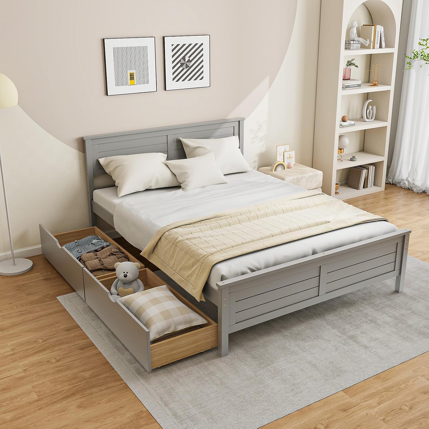 Giantex Wood Full Size Bed Frame with 2 Storage Drawers, Solid Wood Platform Bed with Headboard, Wooden Slats Mattress Foundation, No Spring Needed, Full Bed Frame for Kids, Teens, Adults, Grey