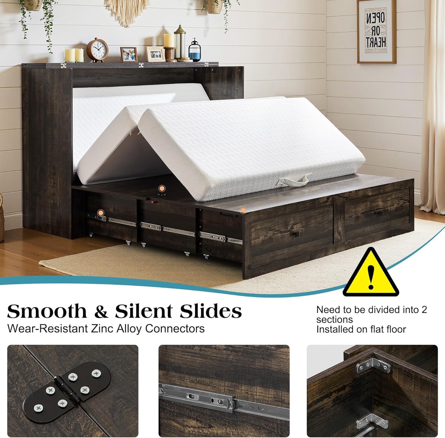 LUXOAK Queen Murphy Bed with Storage and Charging Station, Farmhouse Cabinet Bed, Noise-Free, for Guest Room, Apartment, or Office, Black Oak