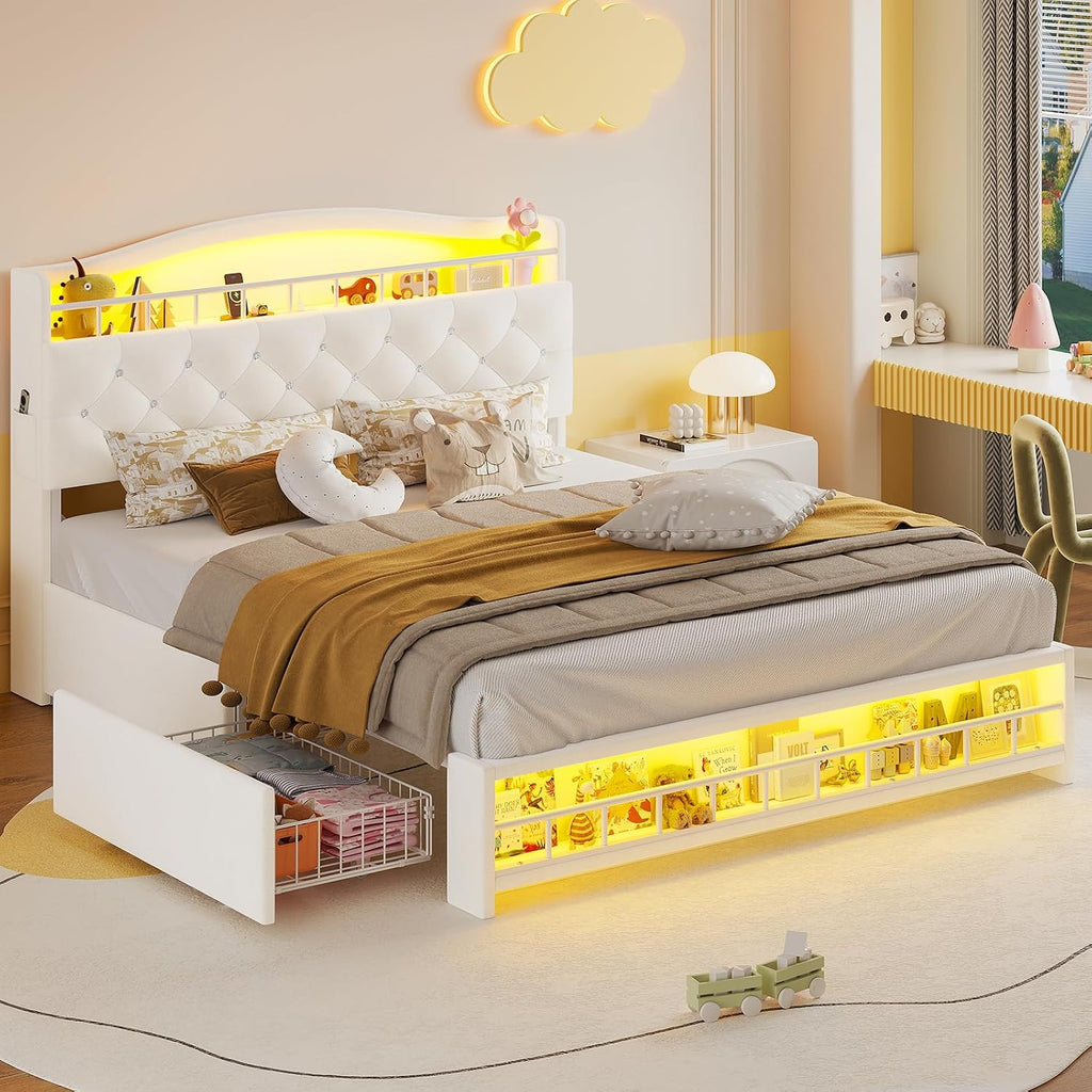 HAUOMS Full Size Bed Frame with LED Lights & 4 Drawers, Princess Velvet Upholstered Platform Bed for Girls, Headboard with Charging Station & Guardrail & Crystal Button, No Box Spring Needed, Beige
