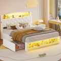 HAUOMS Full Size Bed Frame with LED Lights & 4 Drawers, Princess Velvet Upholstered Platform Bed for Girls, Headboard with Charging Station & Guardrail & Crystal Button, No Box Spring Needed, Beige