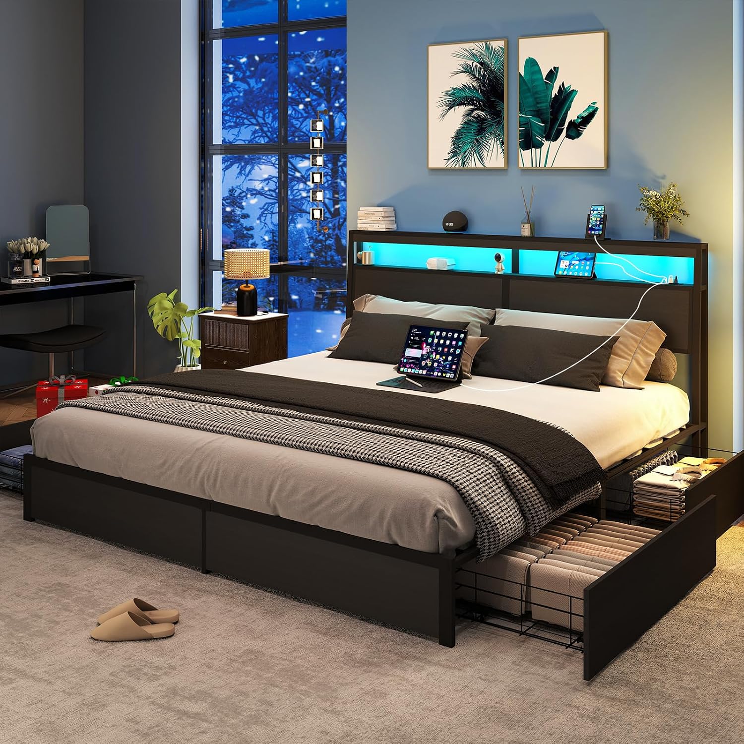 SADENICEL King Bed Frame with Storage Headboard and 4 Drawers, Metal Platform Bed Frame with LED Light, Charging Station, No Box Spring Needed, Noise Free, Easy Assembly, Rustic Grey