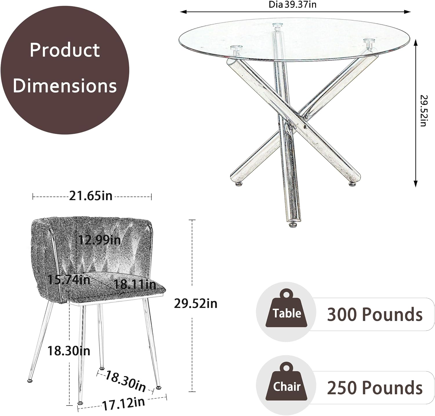 Gold Glass Round Dining Table Set for 4, 39'' Clear Dinner Table Set, 5 PCS Modern Circle Kitchen Table and Pink Woven Chairs Set, Luxury Circular Dinette Set, for Small Apartment Home