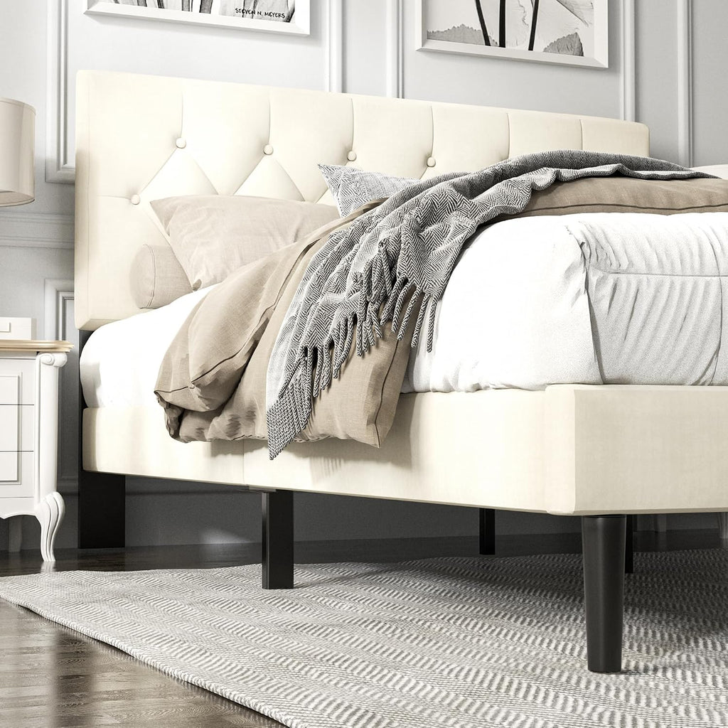 HAOARA Full Size Platform Bed Frame with Upholstered Button Tufted Headboard, Mattress Foundation with Wooden Slat Support, Noise Free, No Box Spring Needed, Easy Assembly, Beige Velvet